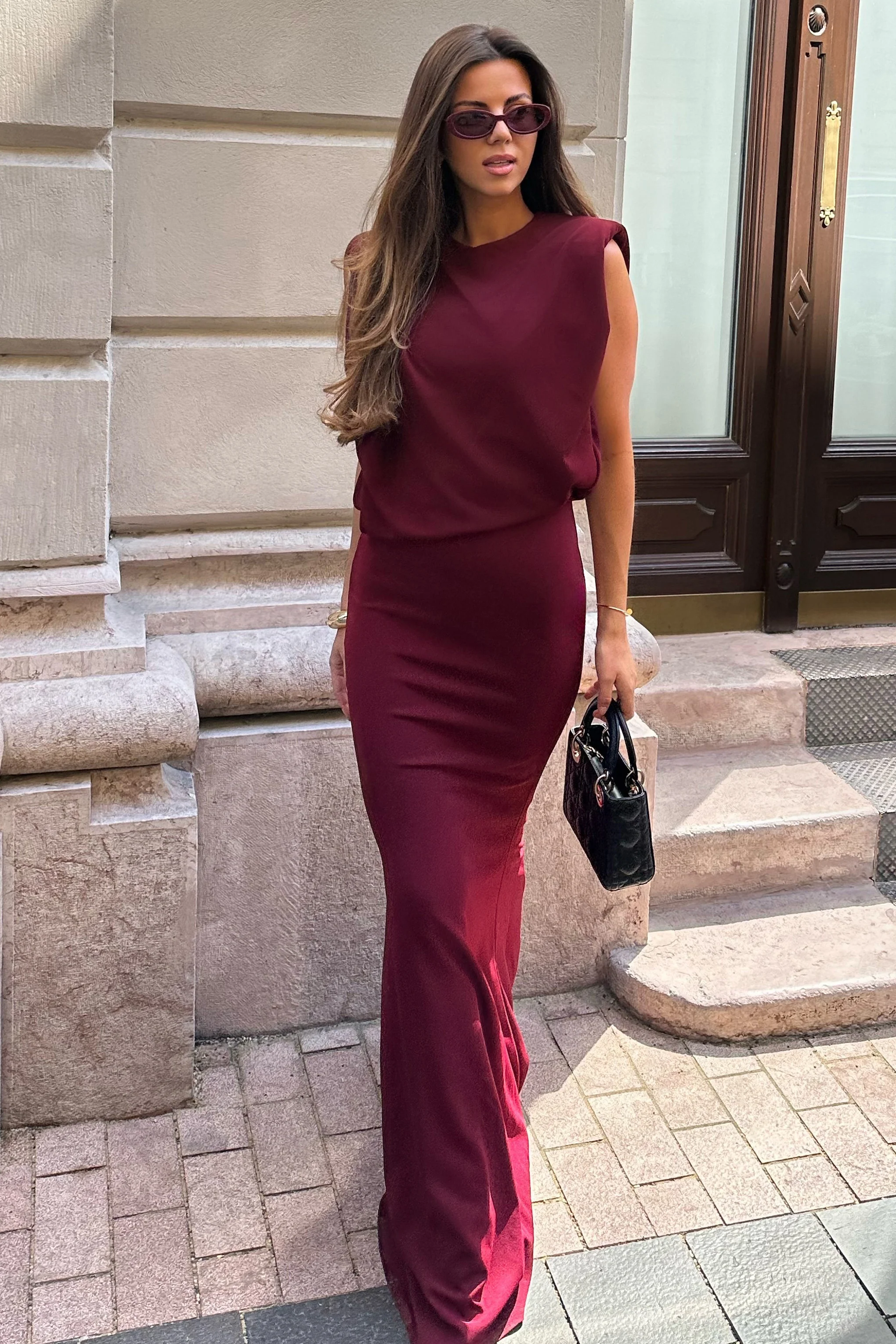 Meave | Burgundy High Neck Maxi Dress With Draping Detail