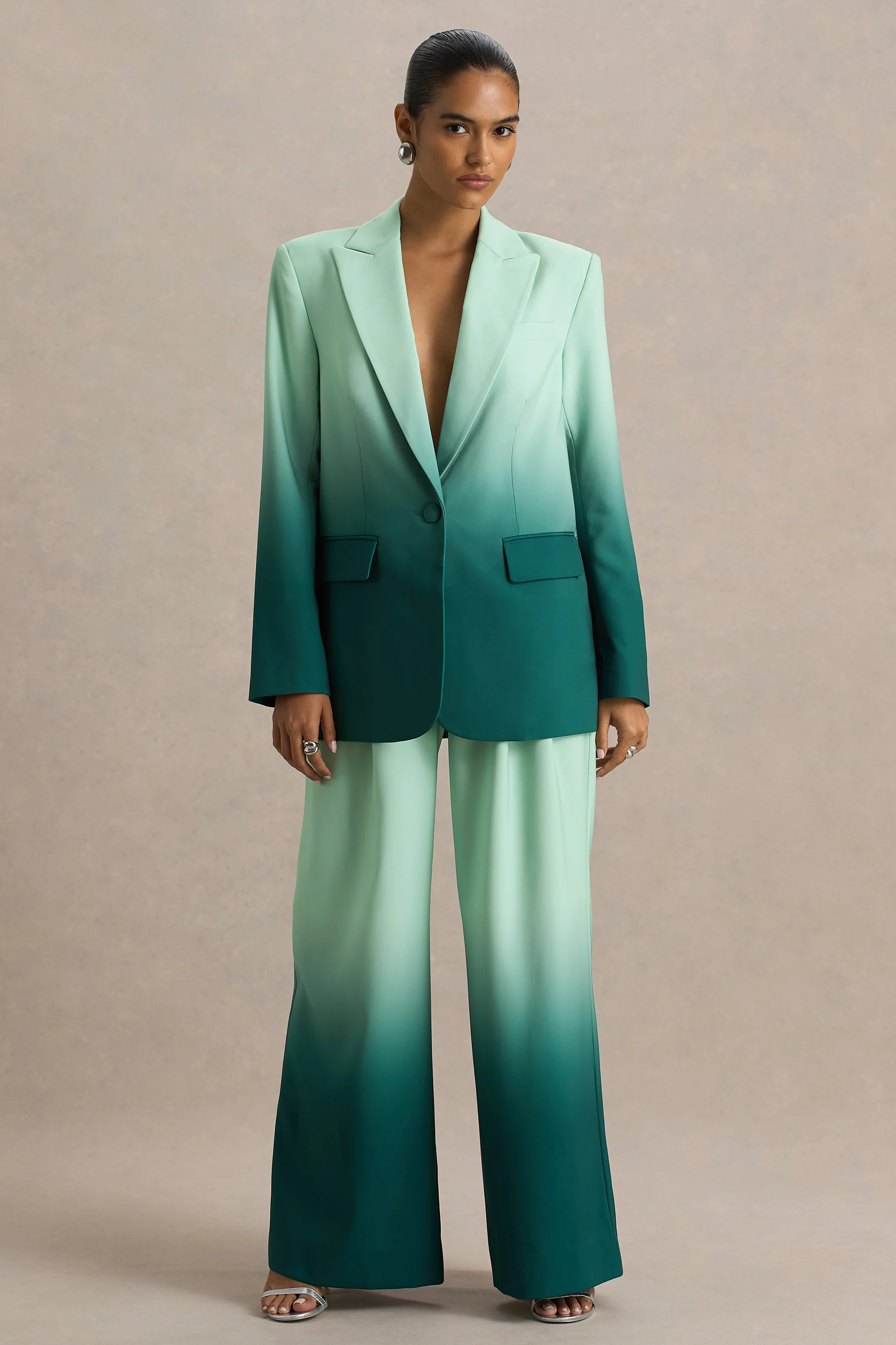 Enya | Emerald Ombre Plunge-Neck Satin Blazer