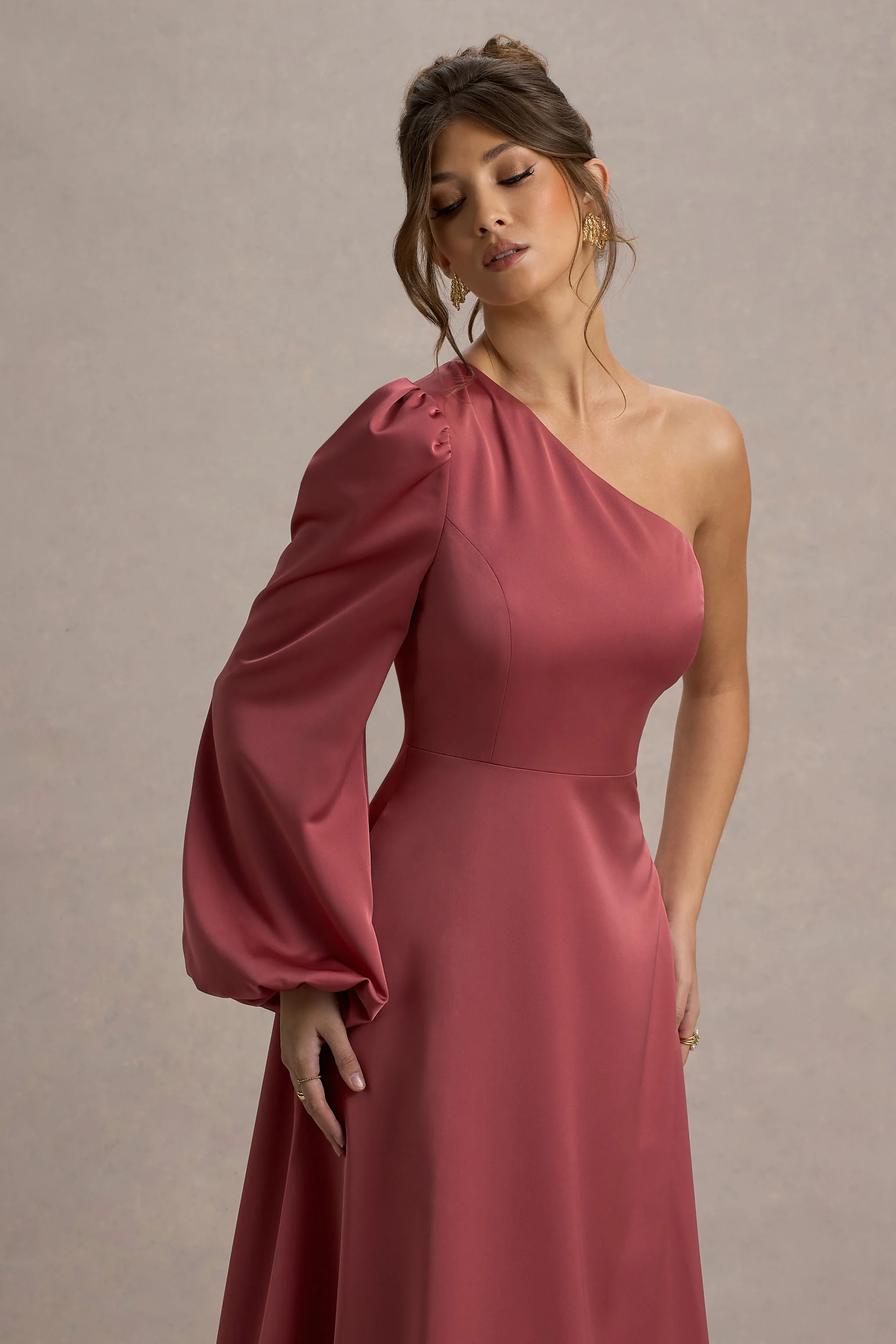 Haila | Rose Pink Satin One-Shoulder Midi Dress