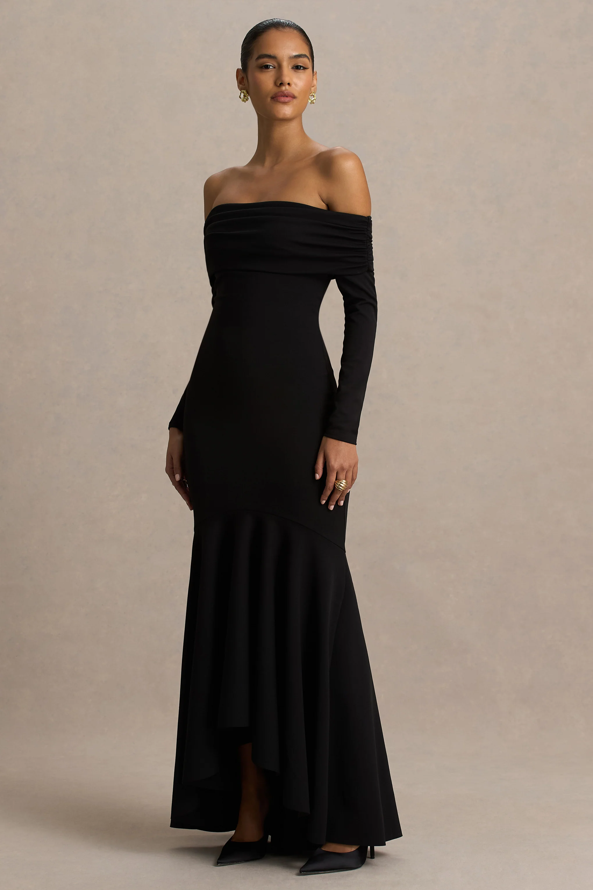 Everlasting | Black Bardot-Neck Maxi Dress With Drop Waist