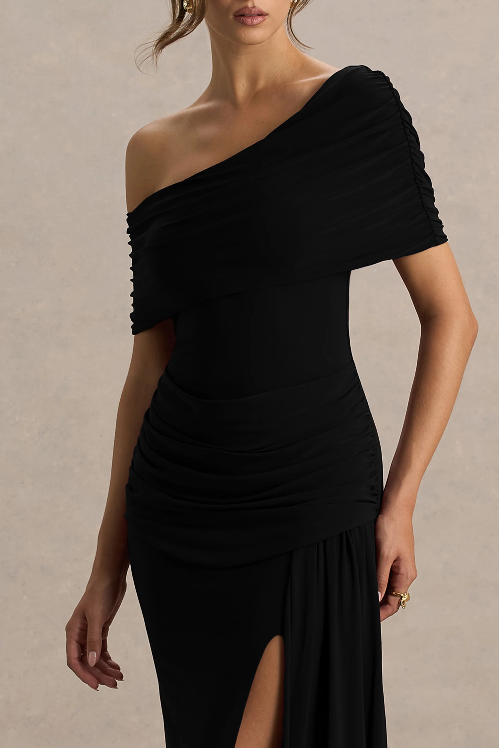 Dynasty | Black Asymmetric-Neck Maxi Dress With Ruched Detailing And Front High-Split