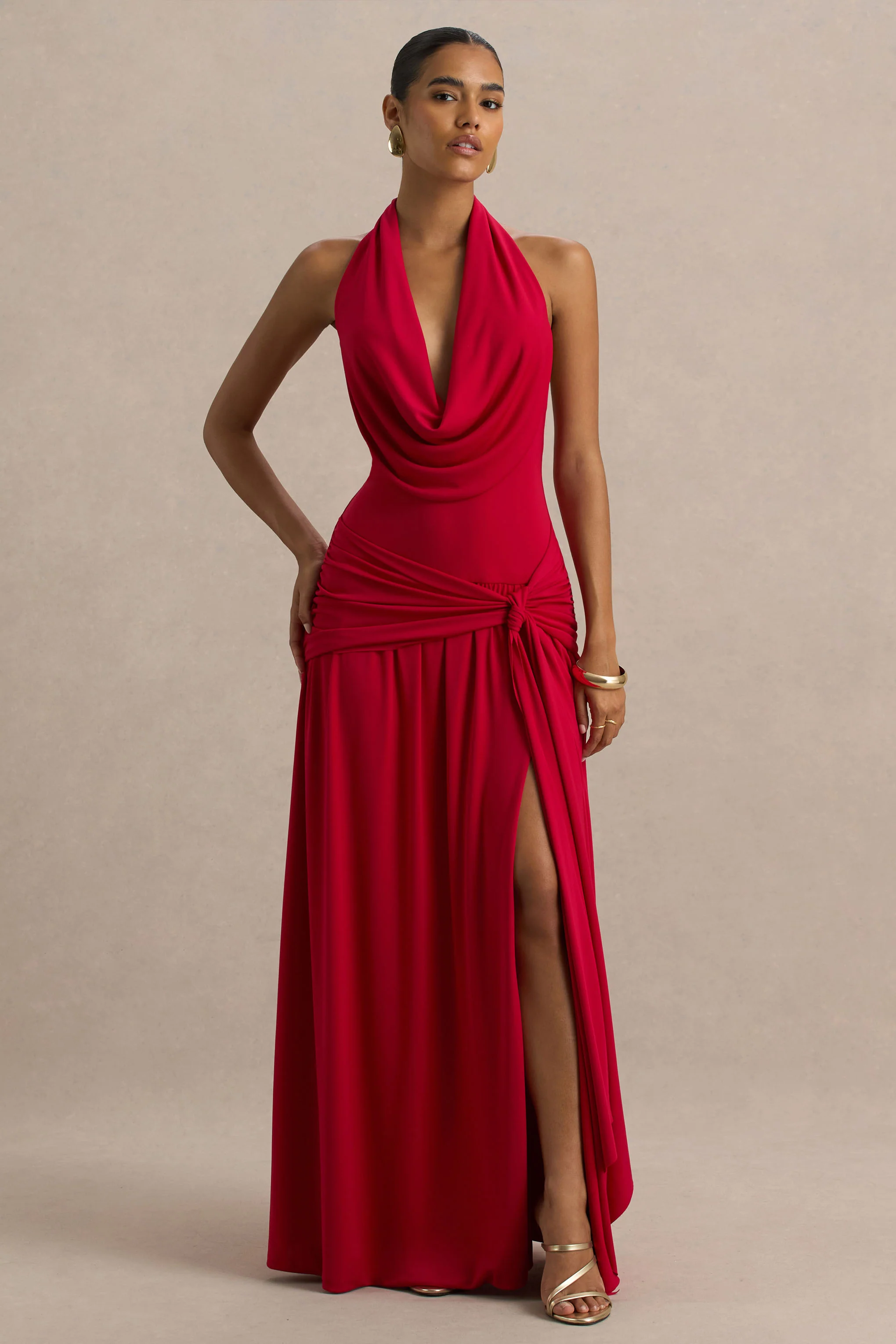 Mist | Red Plunge-Neck Maxi Dress With Sash Detail And Front High Split