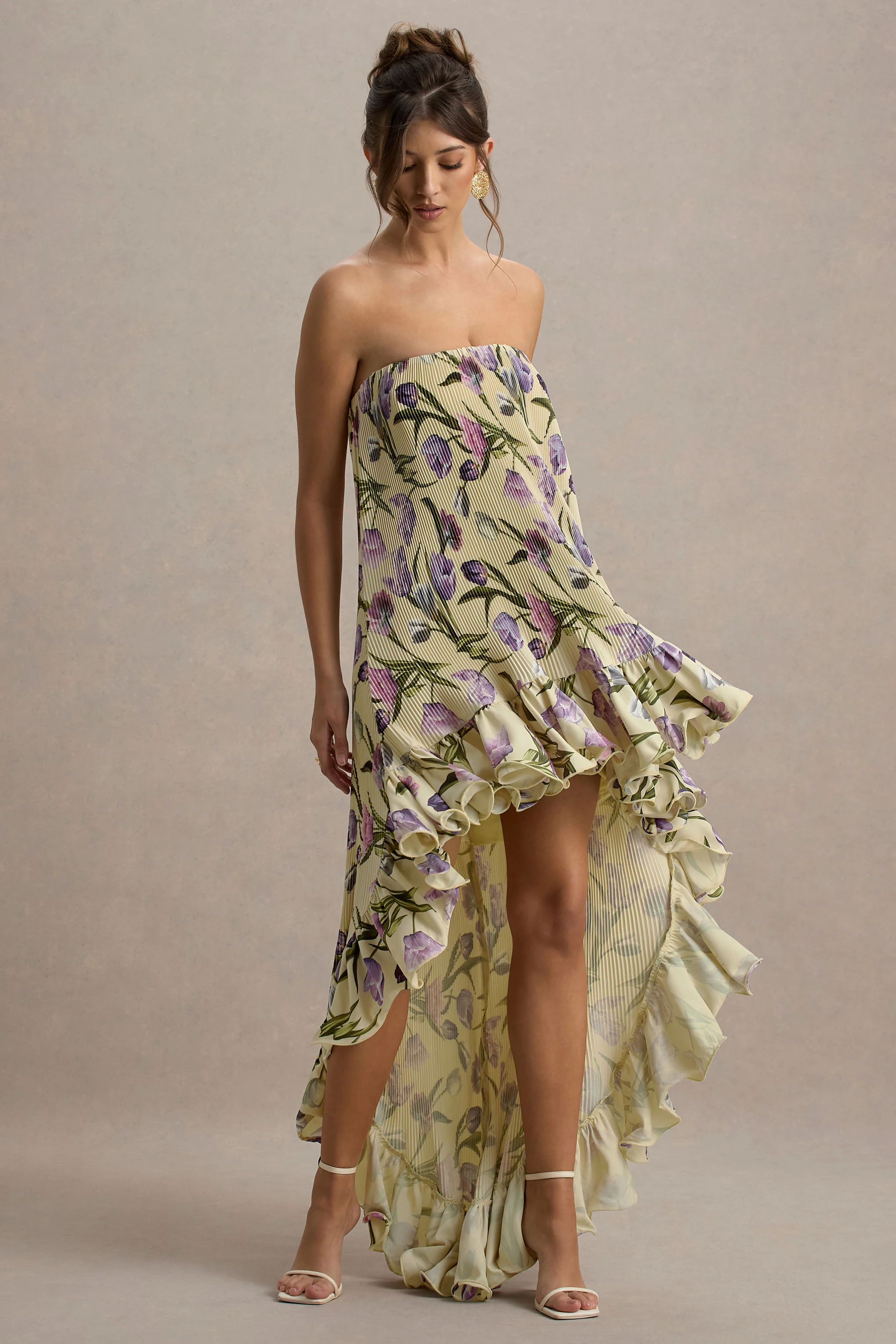 Whistler | Tulip Floral Print Chiffon Bandeau High-Low Ruffled Maxi Dress