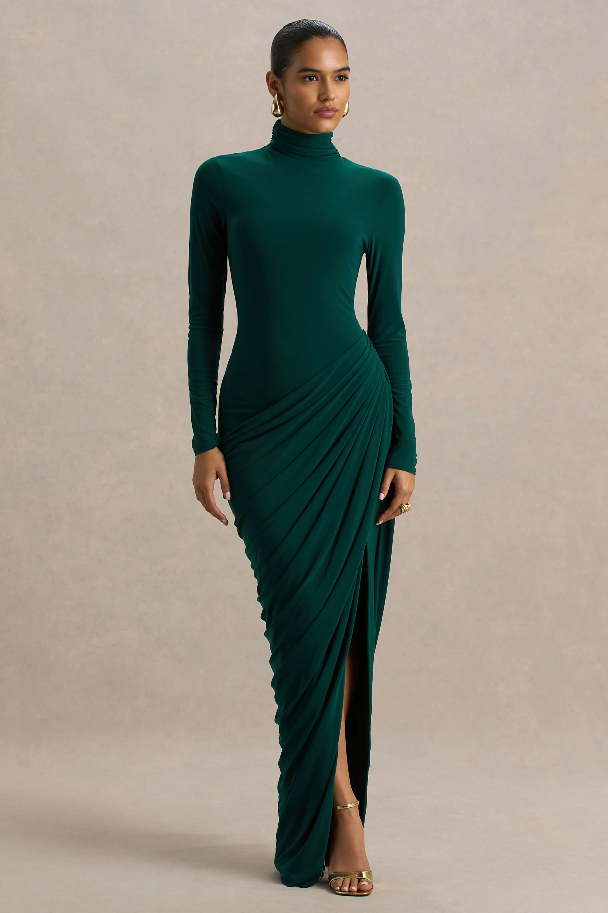 Betsy | Bottle Green High-Neck Maxi Dress With Front Split And Ruched Detailing