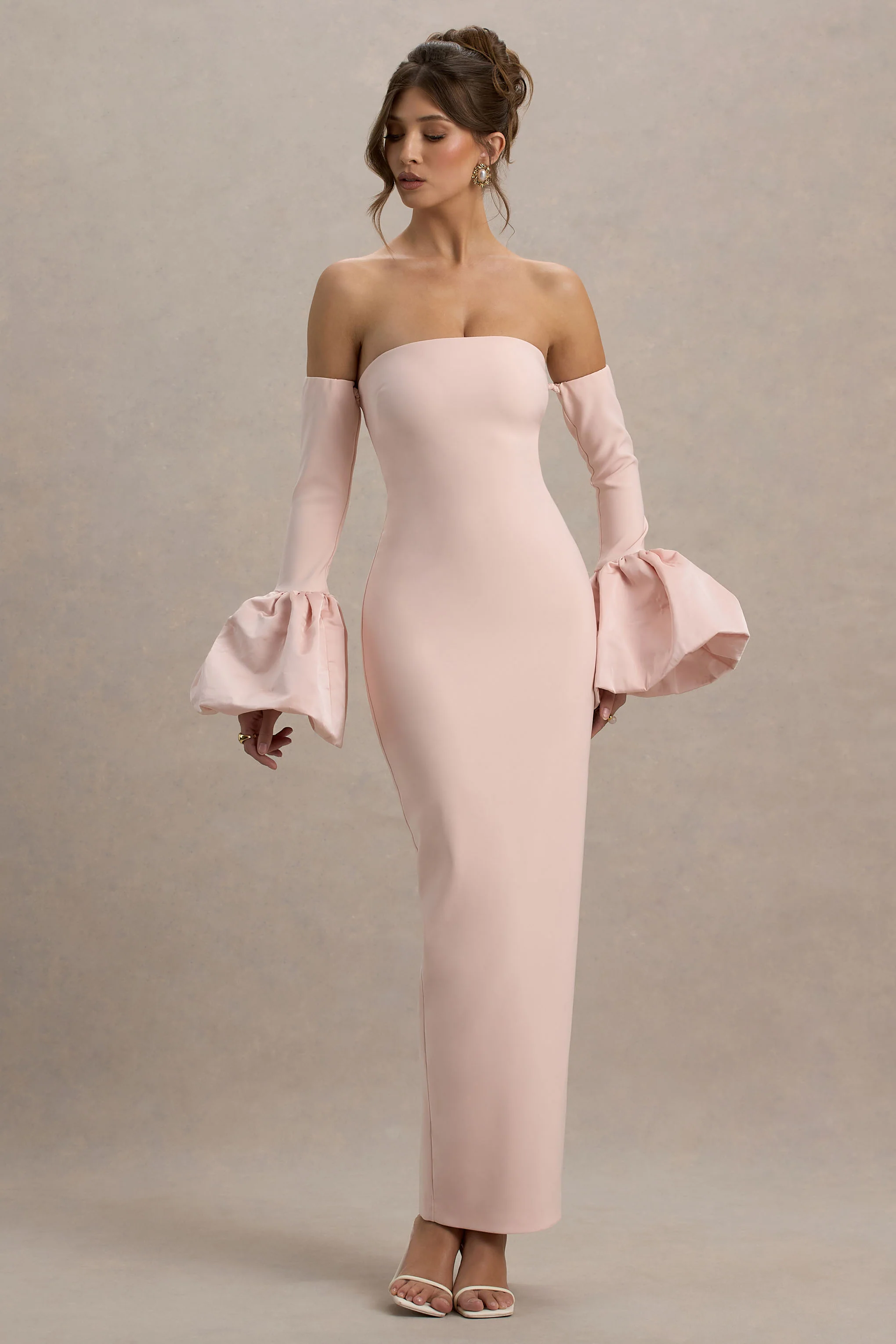 Myah | Pink Bandeau Long-Sleeve Maxi Dress With Puff Cuffs