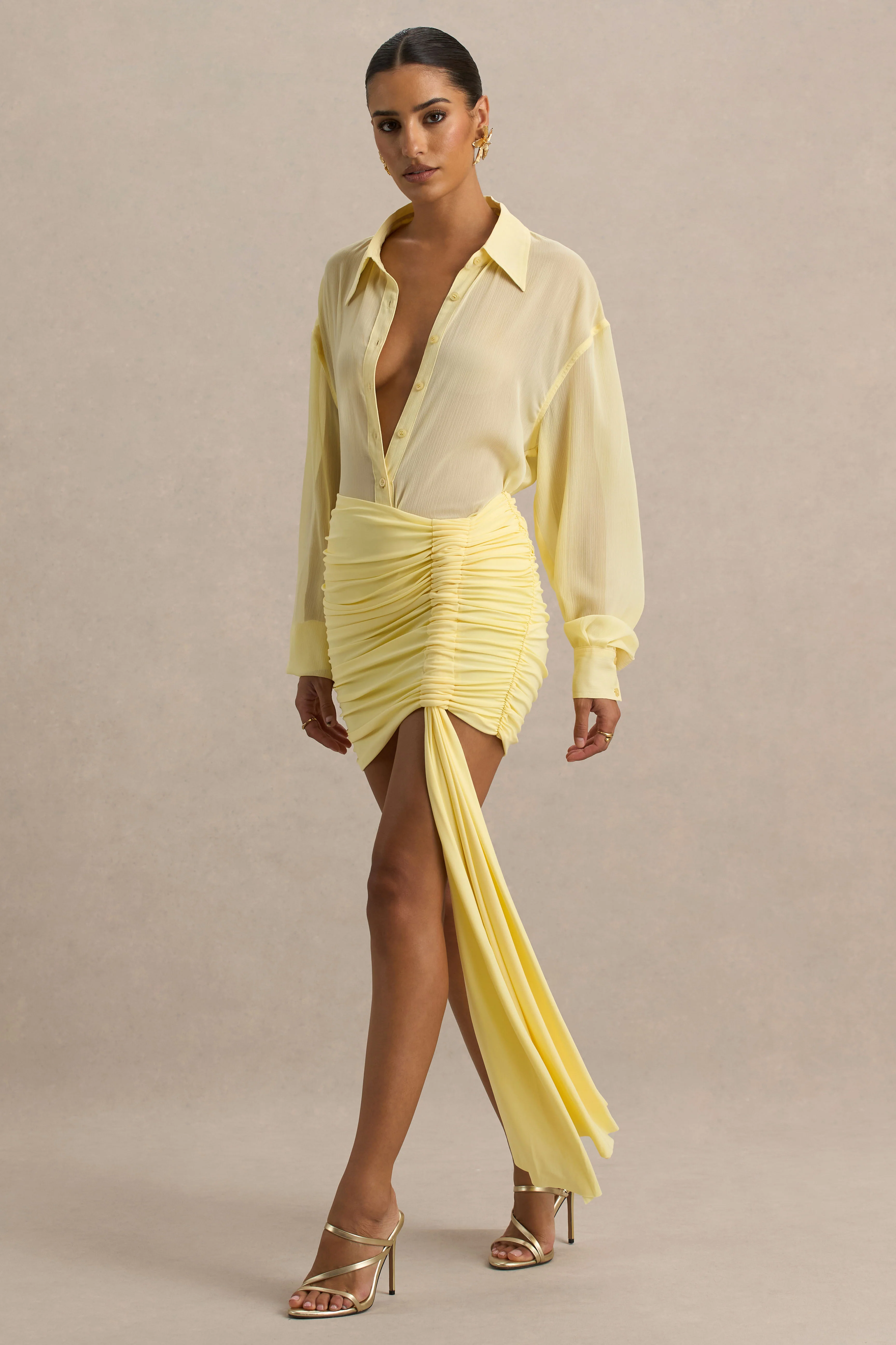 Katelyn | Lemon Ruched Wrap Mini Skirt With Sash