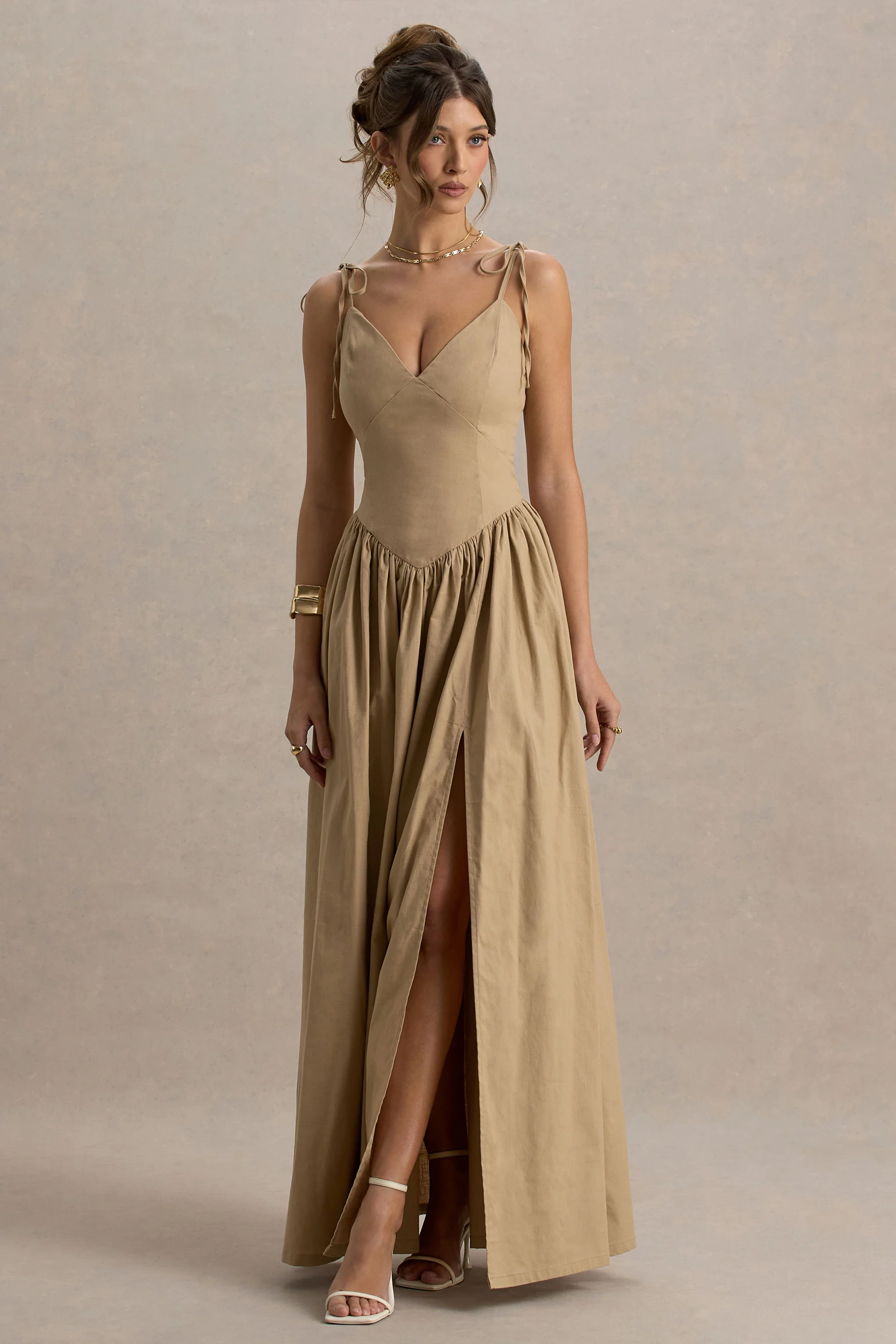 Comet | Tan Linen Maxi Dress with Plunge Neckline and Front High Split