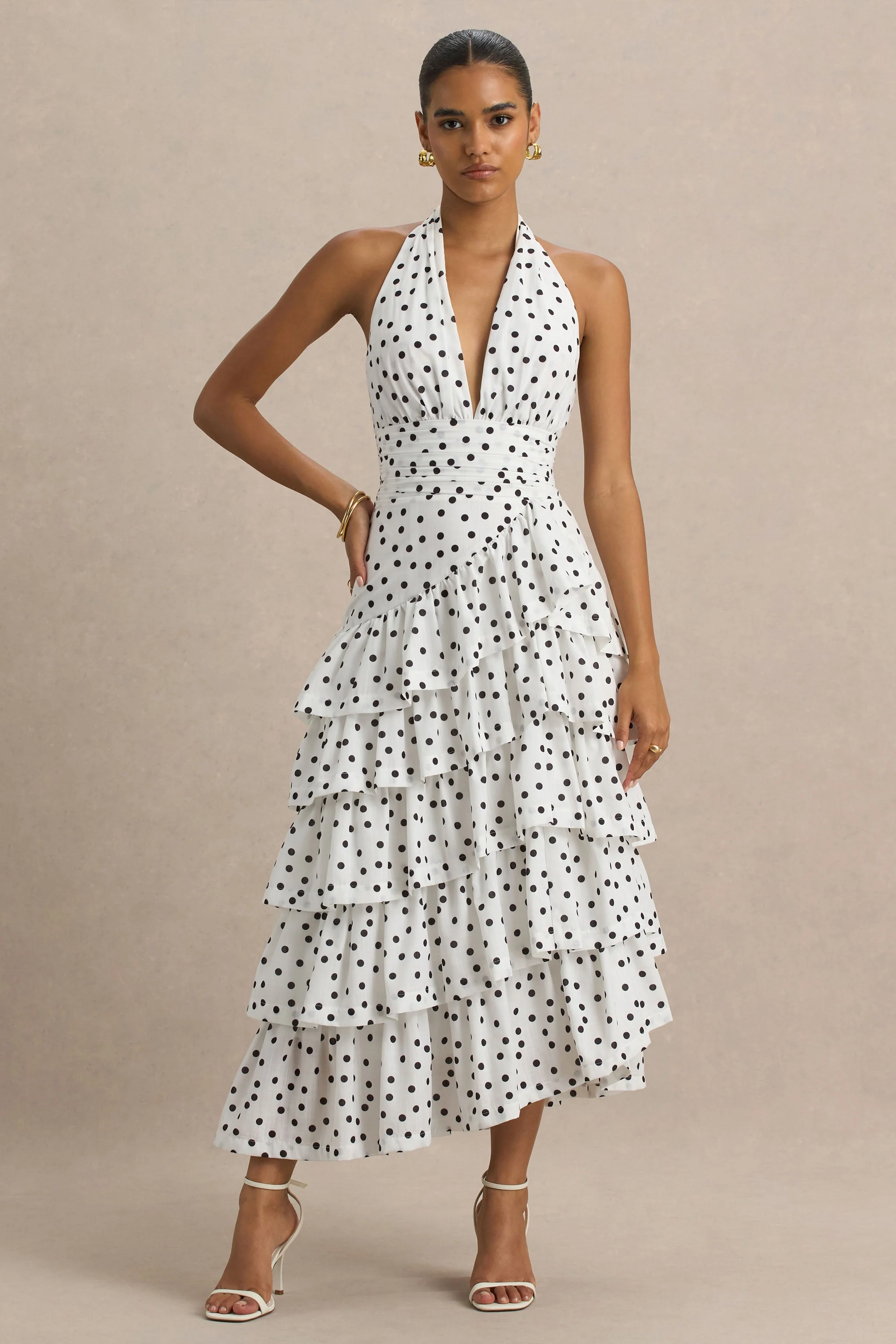 Violet | White Polka Dot Midi Dress With Halter-Neck and Ruffled Skirt