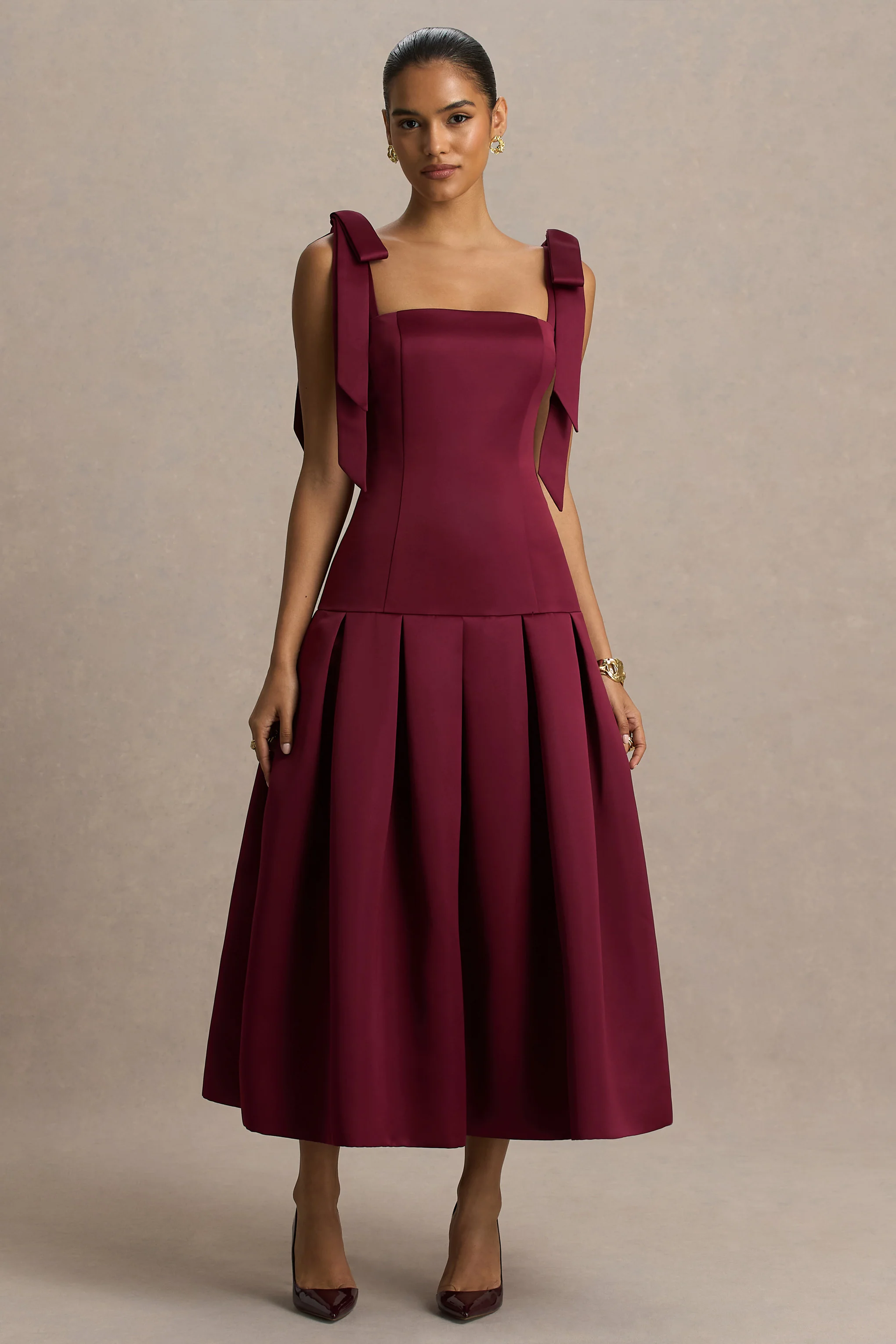 Alberta | Burgundy Satin Midi Dress With Bow Straps