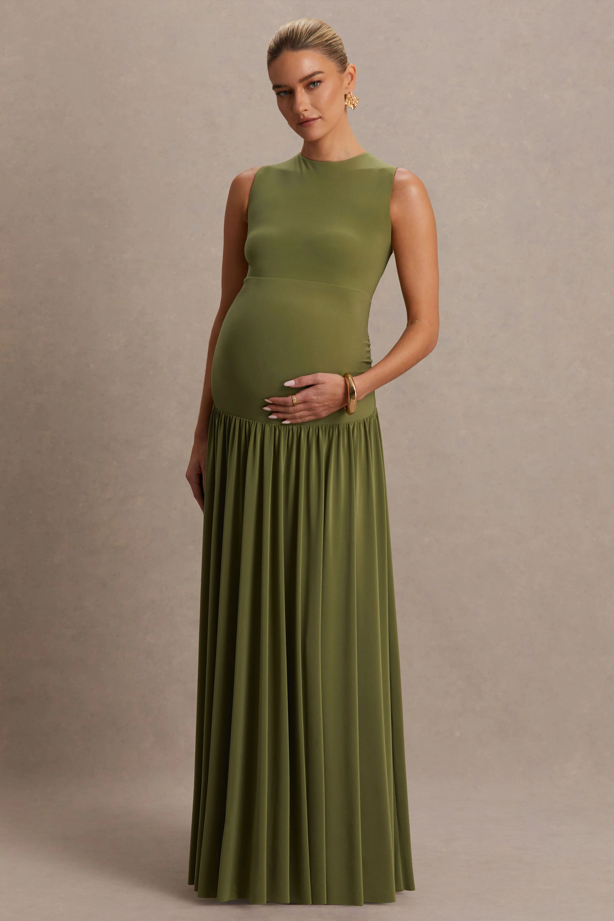 Outline | Olive High-Neck Maternity Maxi Dress With Draped Skirt