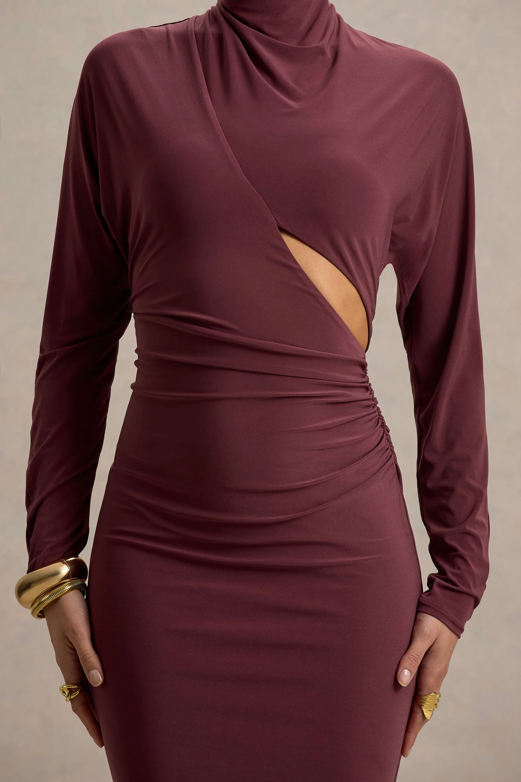 Pandora | Burgundy Long-Sleeve Midi Dress With Cut-Out