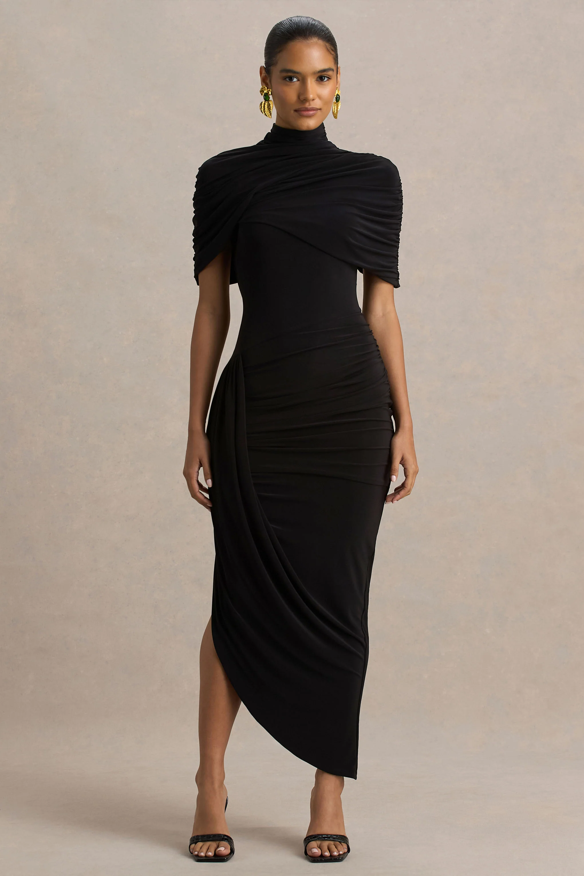 Enchant | Black Asymmetric Twisted Cape Midi Dress