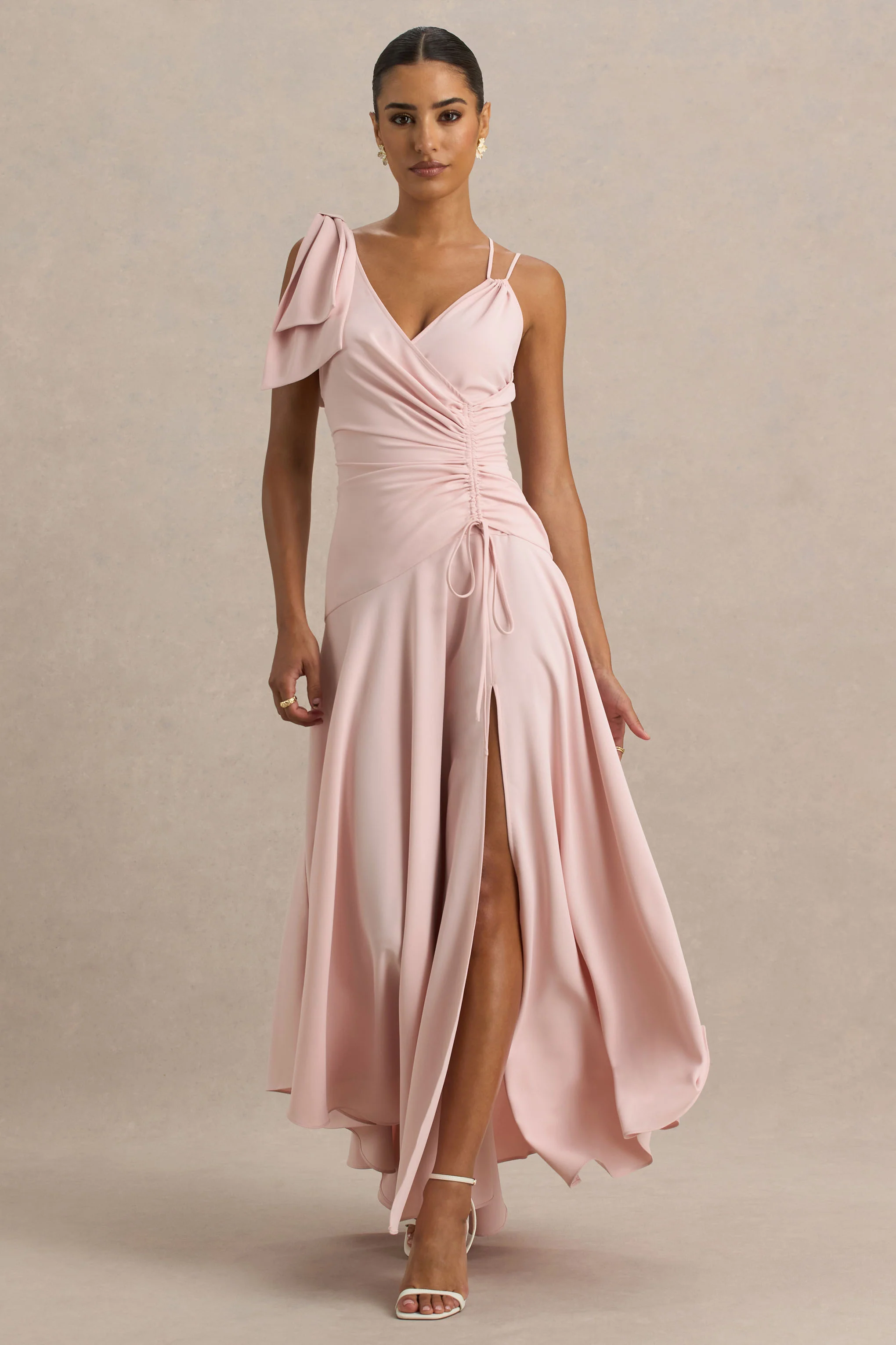 Julieta | Baby Pink Asymmetric-Neck Maxi Dress With Bow Detail And Open-Back