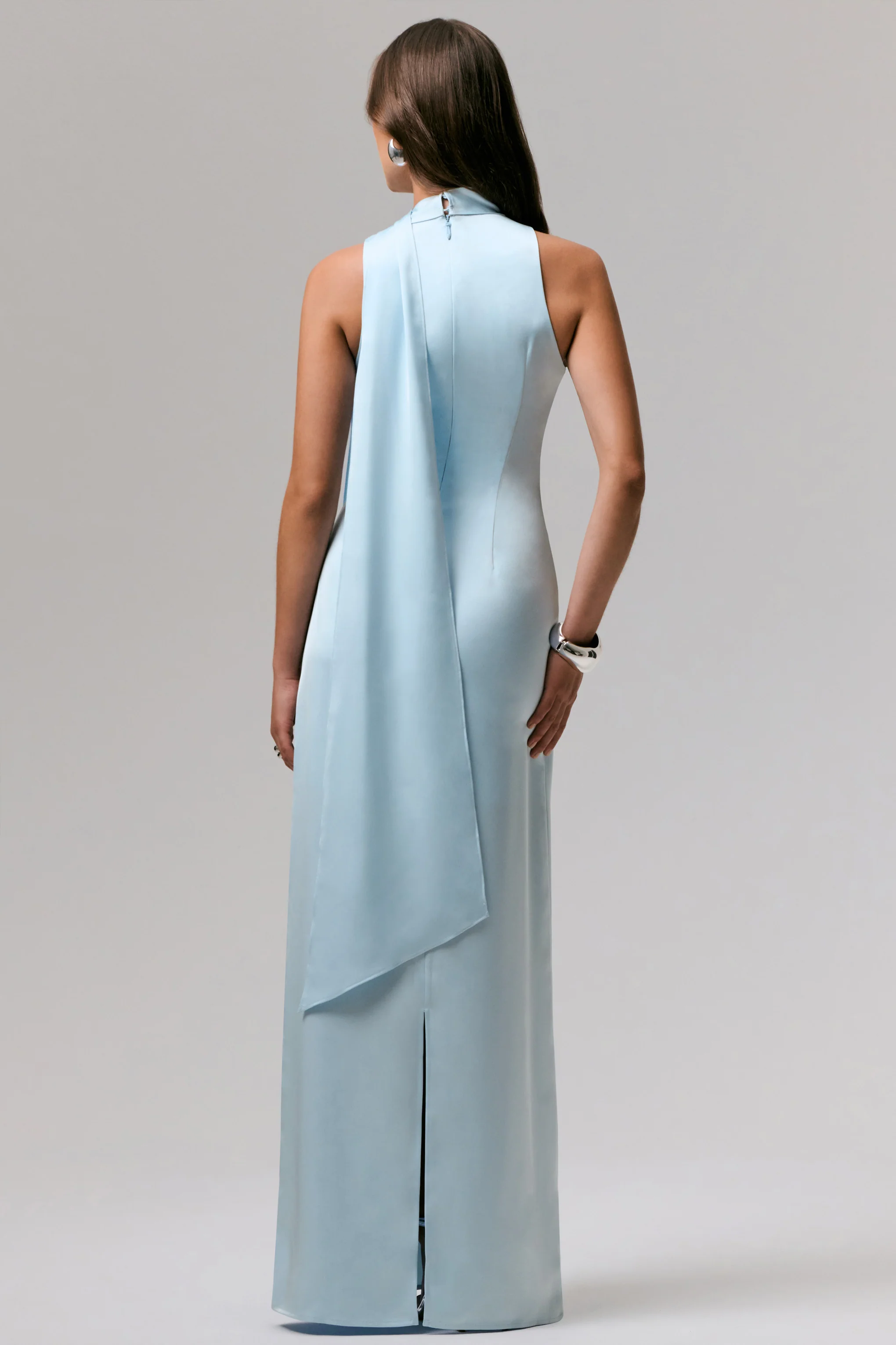 True Icon | Powder Blue Satin V-Neck Maxi Slip Dress With Sash