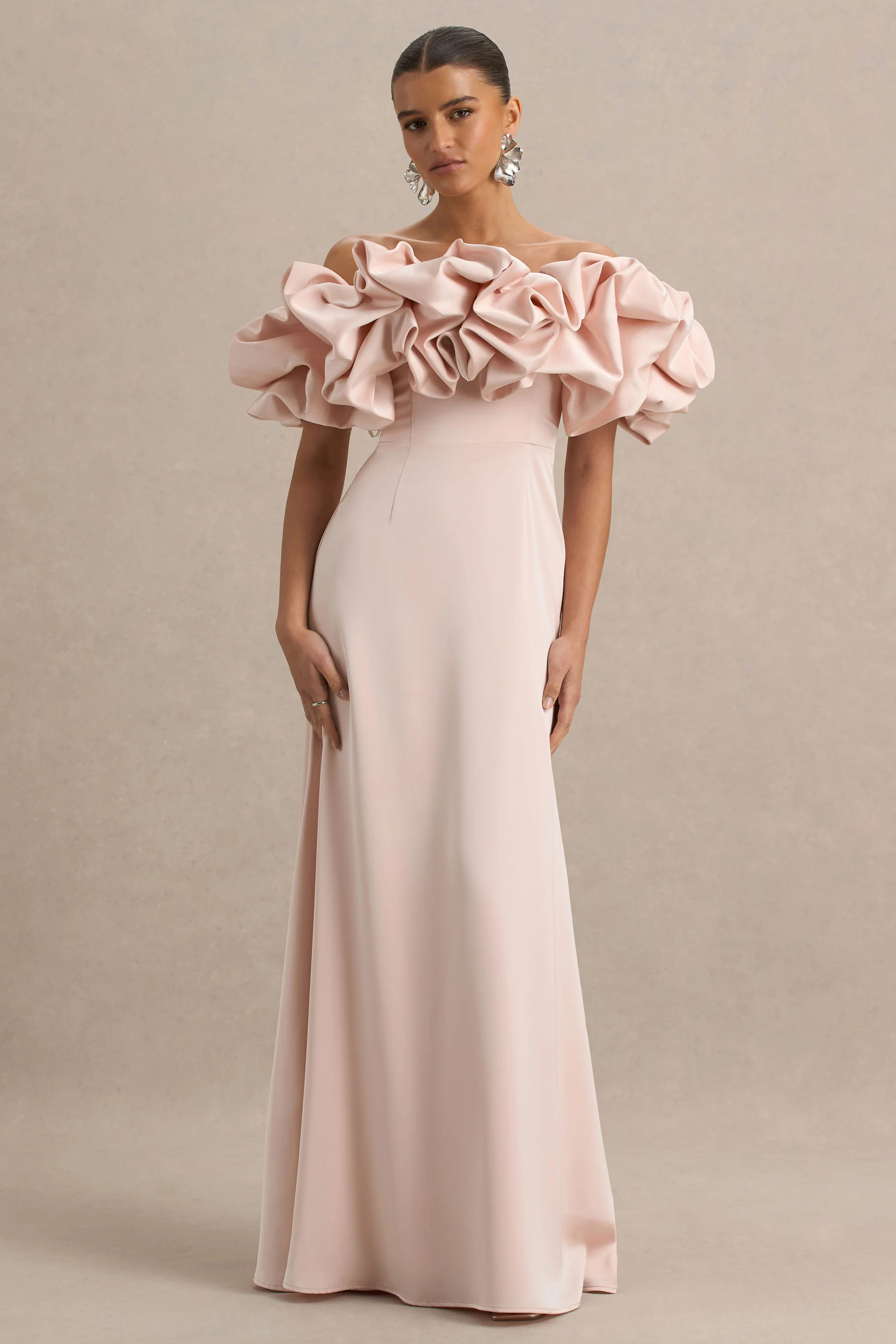 Allie | Pale Pink Puff Bardot Maxi Dress
