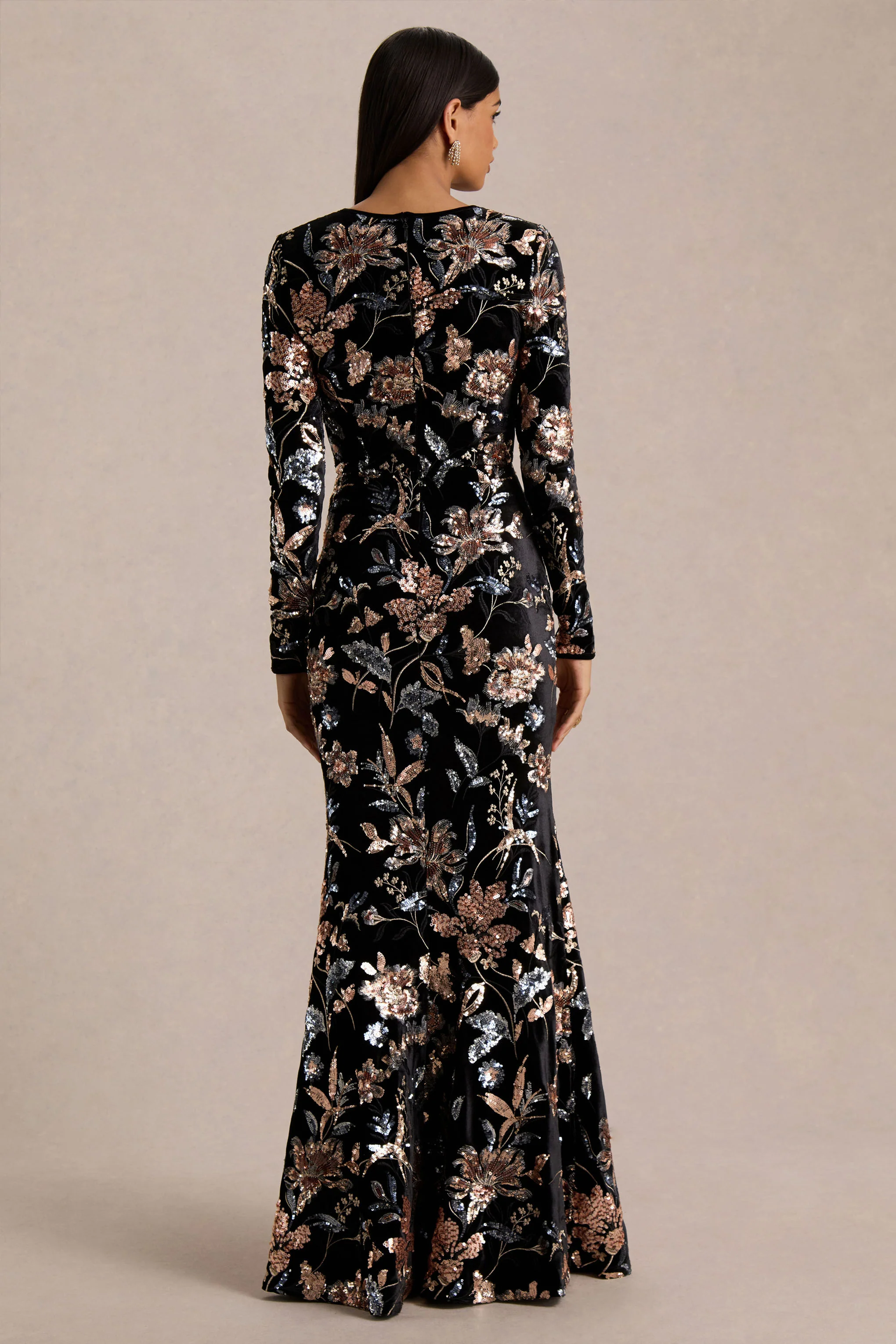 Lyric | Black Floral Velvet And Sequin High-Neck Maxi Dress