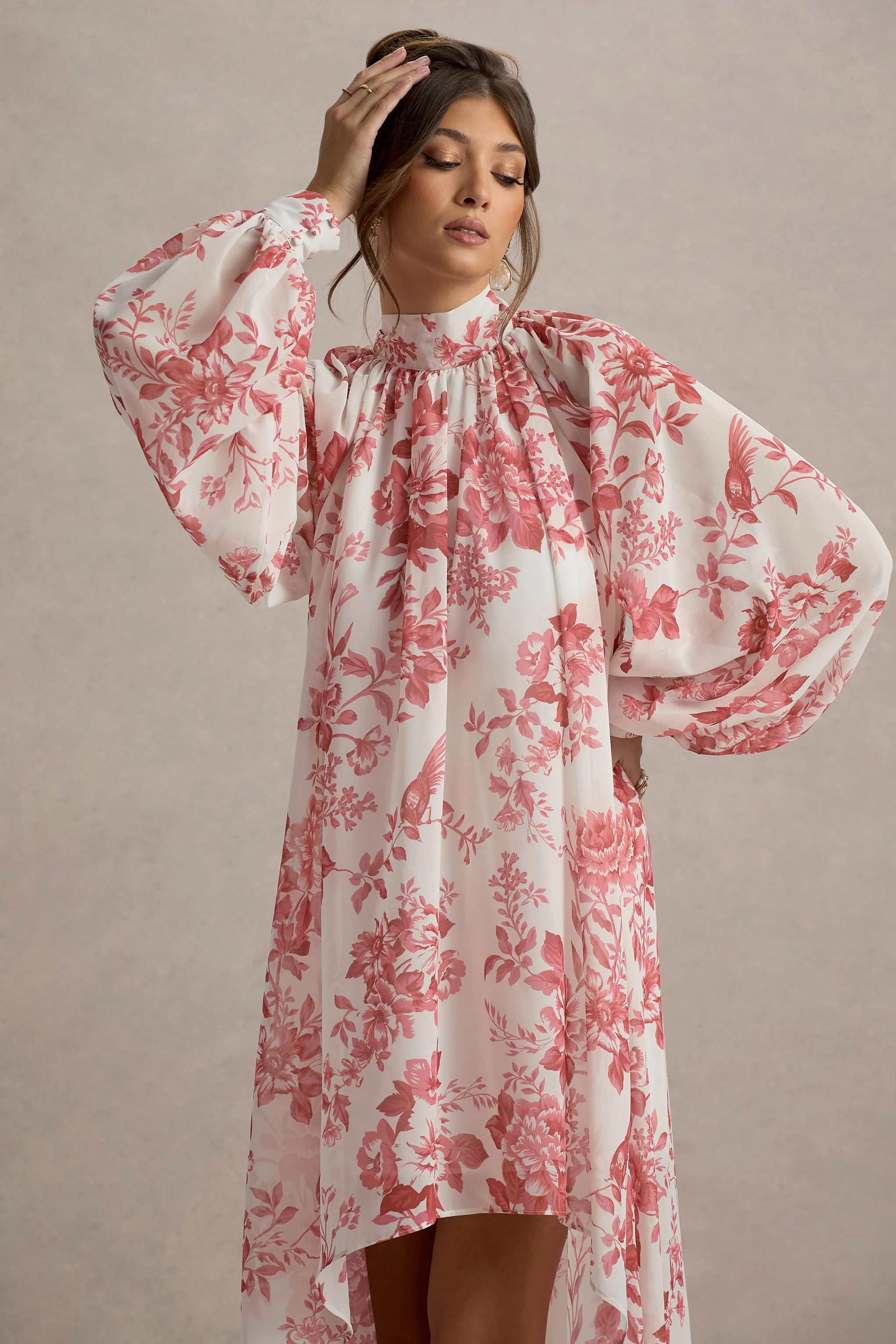 Delphia | Pink Porcelain Print High-Neck Maxi Dress With High-Low Hem