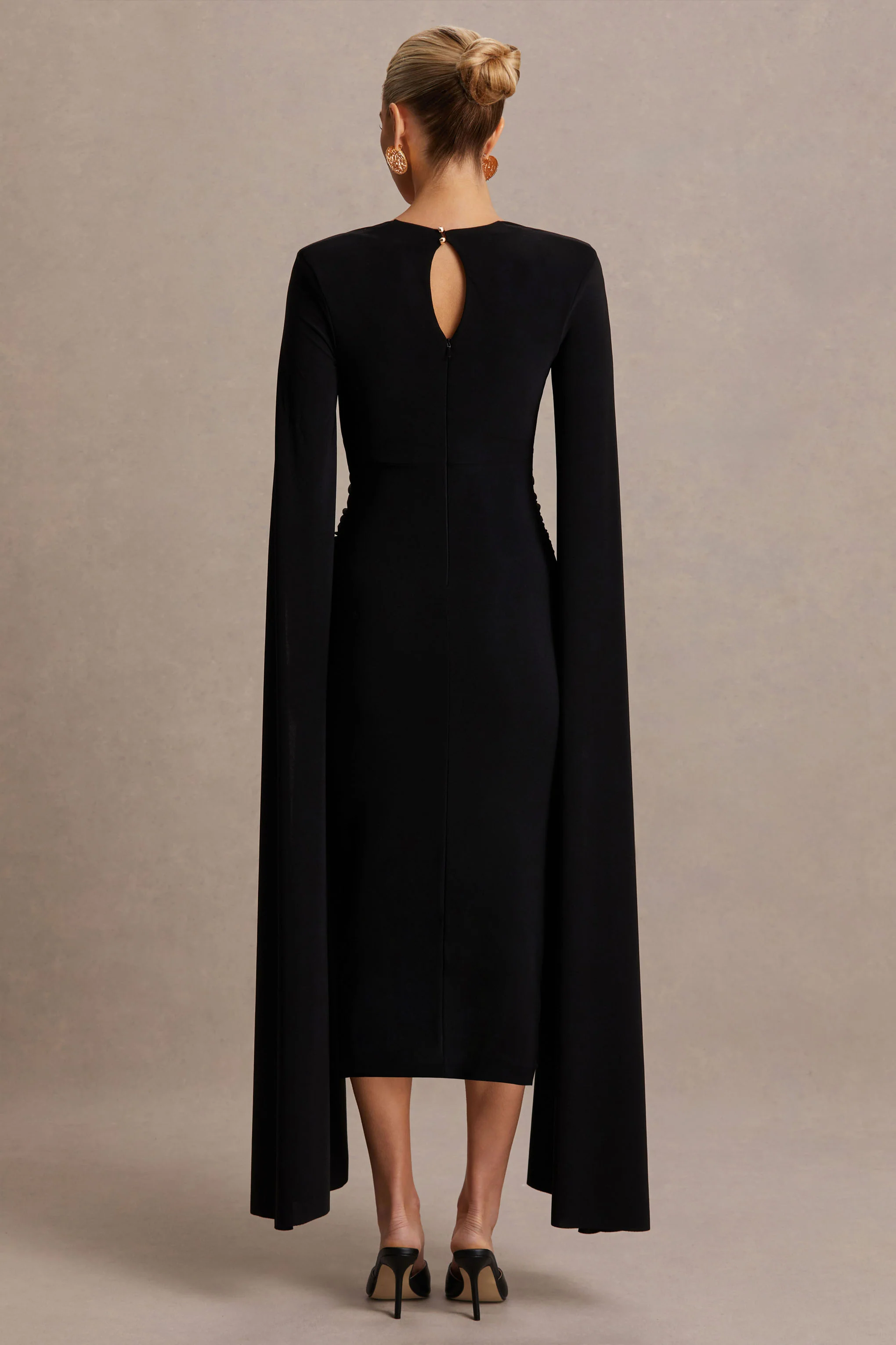 Flawless | Black Square-Neck Maternity Midi Dress With Cape-Sleeves