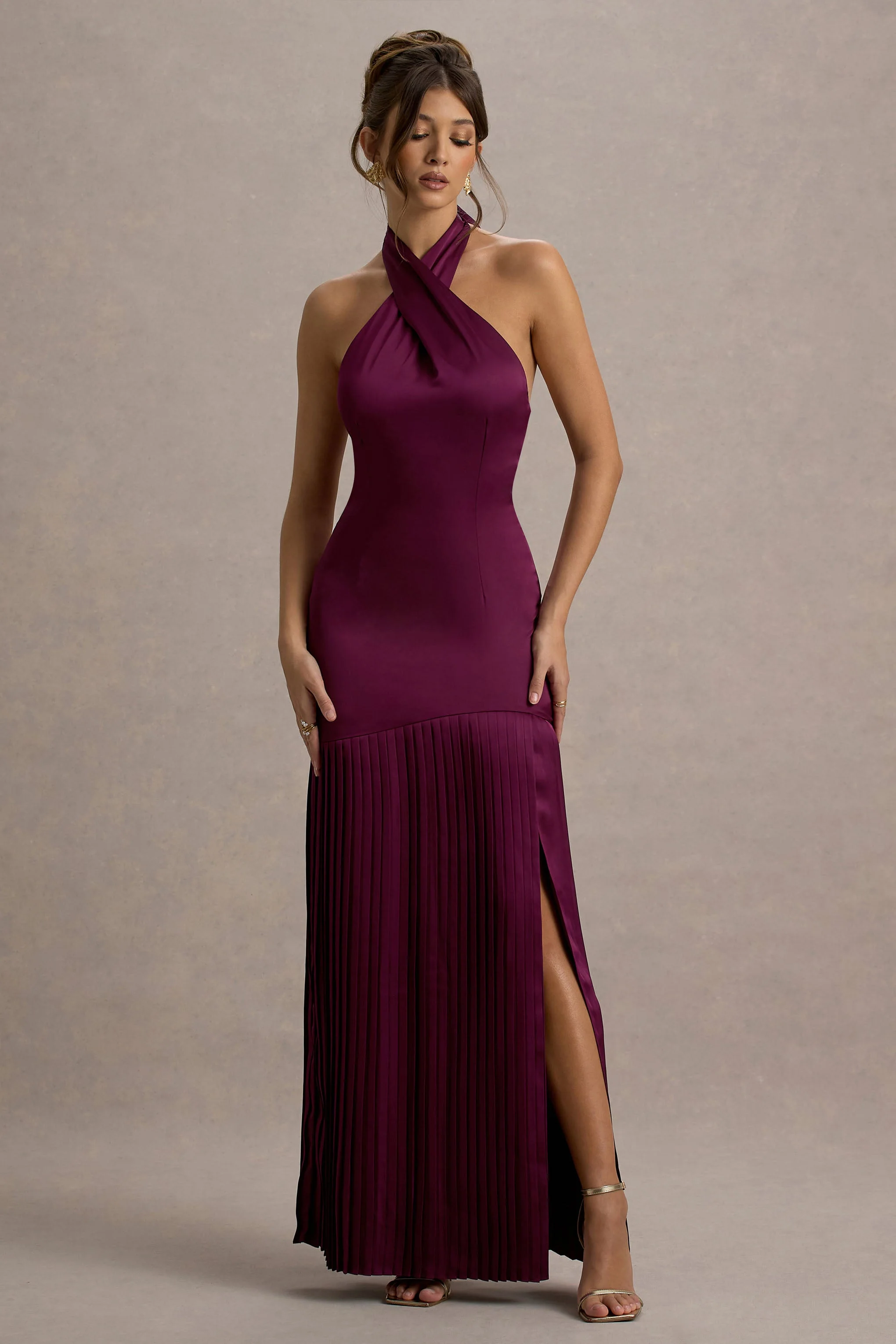 Sansa | Burgundy Satin Cross Halter-Neck Plisse Maxi Dress