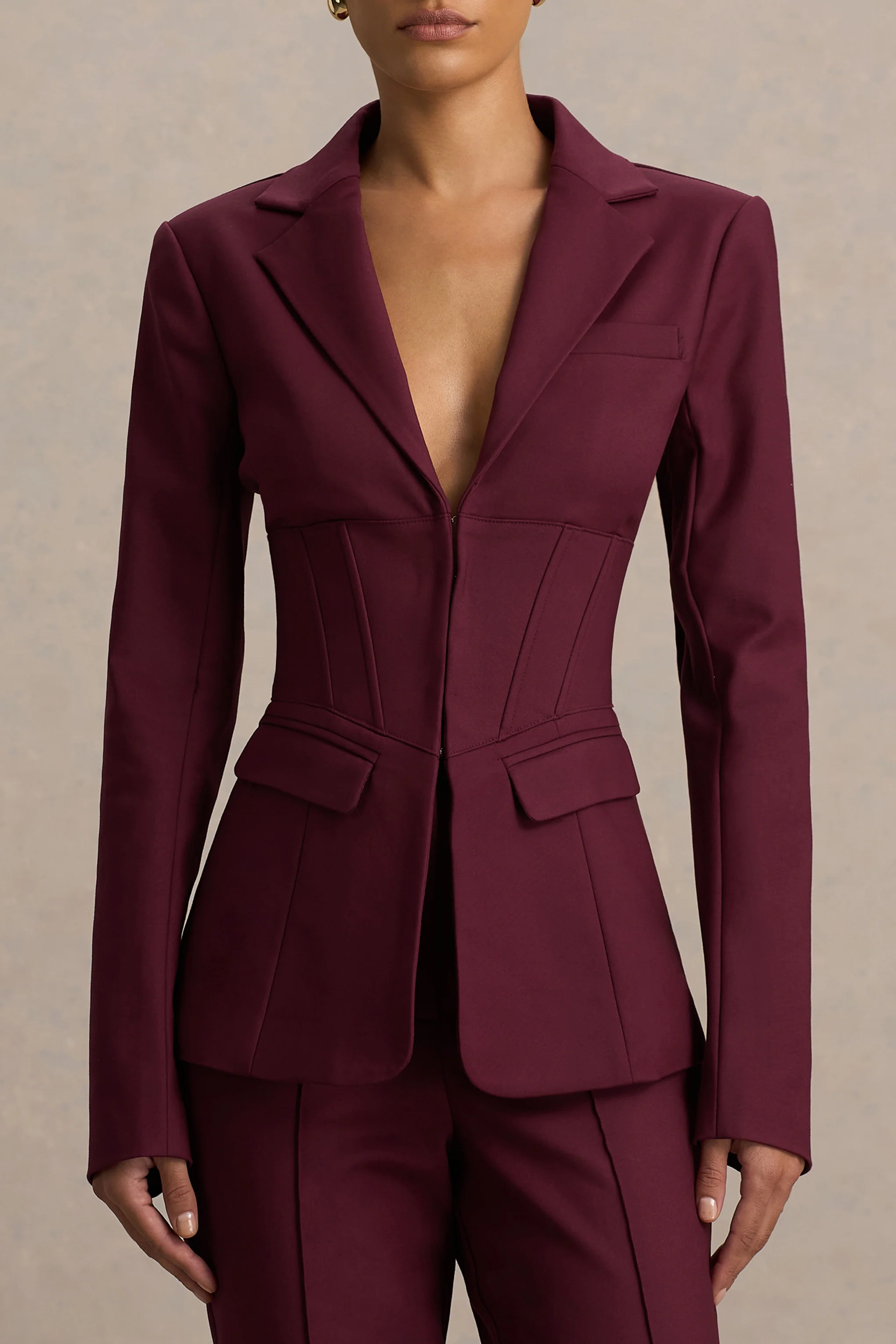Unbeaten | Burgundy Fitted Corset Blazer Jacket