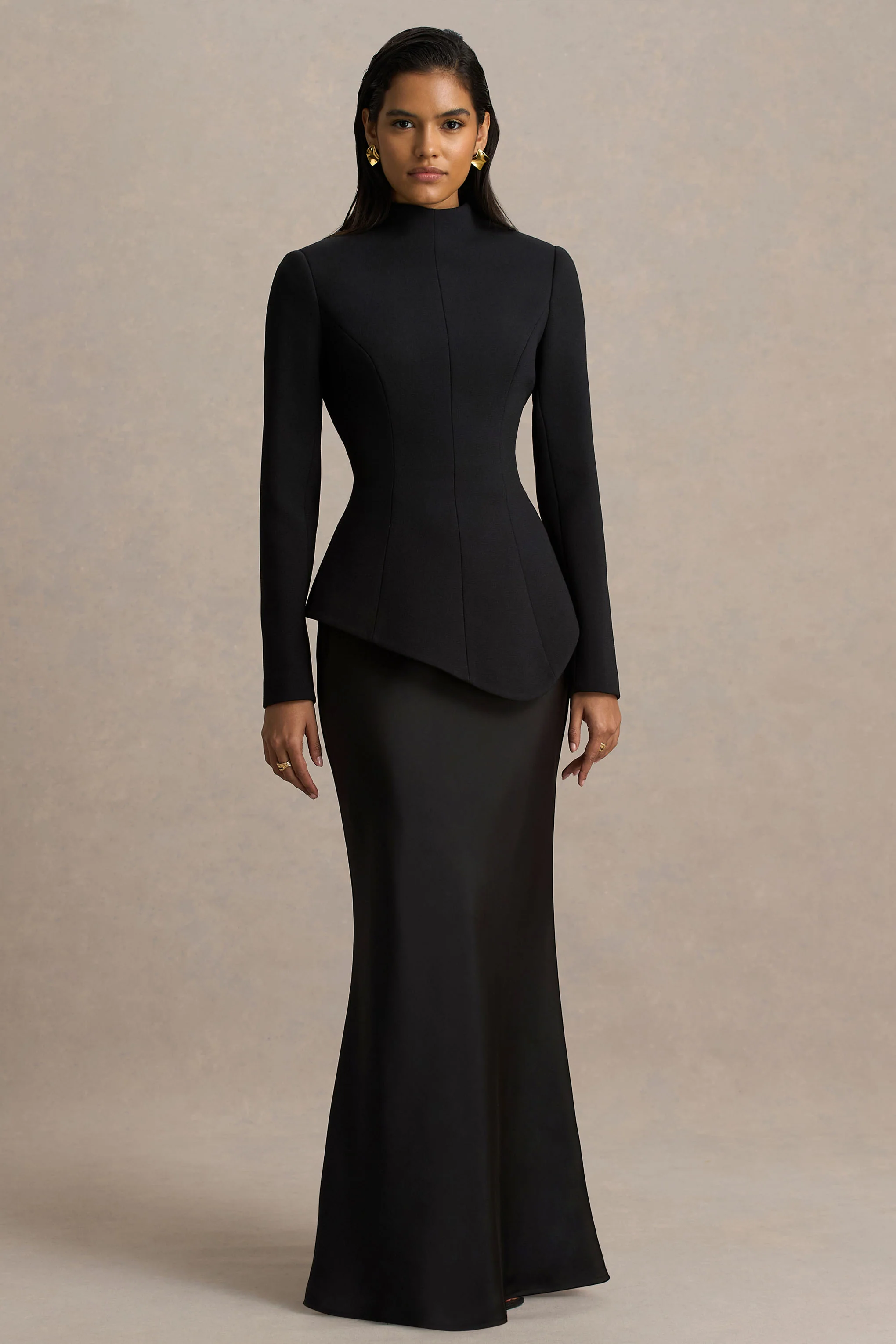 Pepita | Black High-Neck Tailored Maxi Dress With Drop-Waist And Satin Skirt