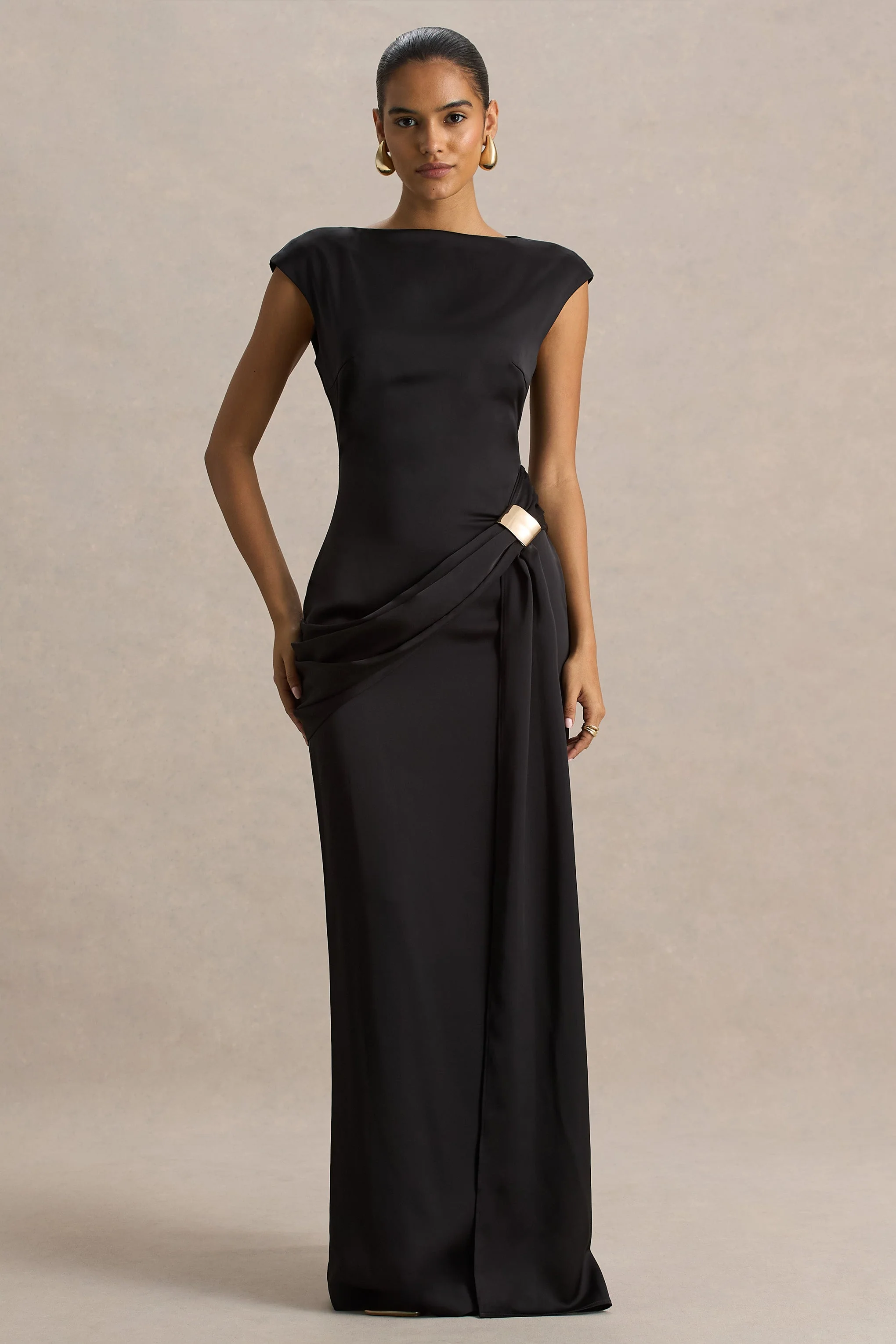Influence | Black Satin Slashed-Neck Maxi Dress With Embellished and Ruched Details