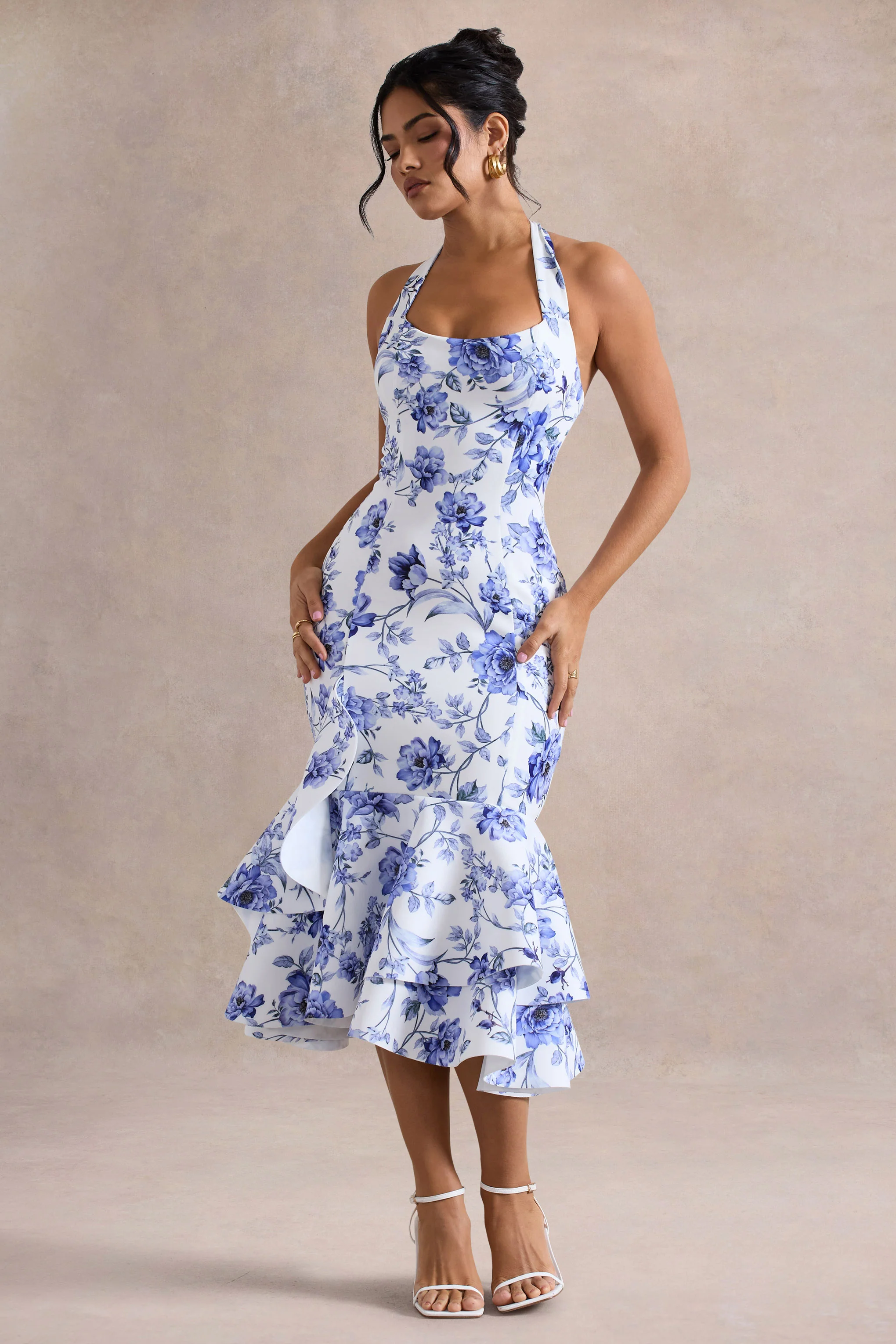 Arla | Blue Floral Halter-Neck Ruffle Trim Midi Dress