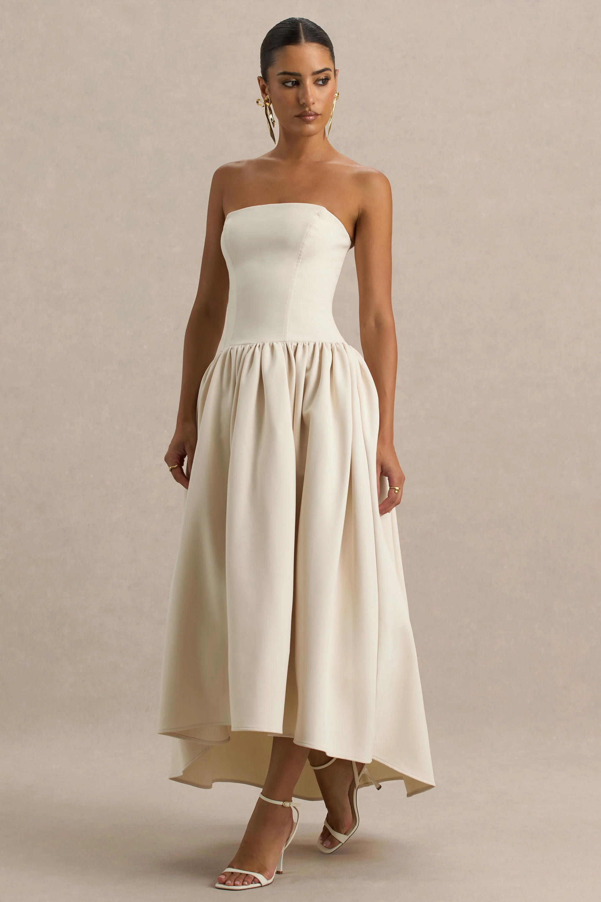 Candice | Cream Bandeau Volume Midi Dress With Back Bow Detail