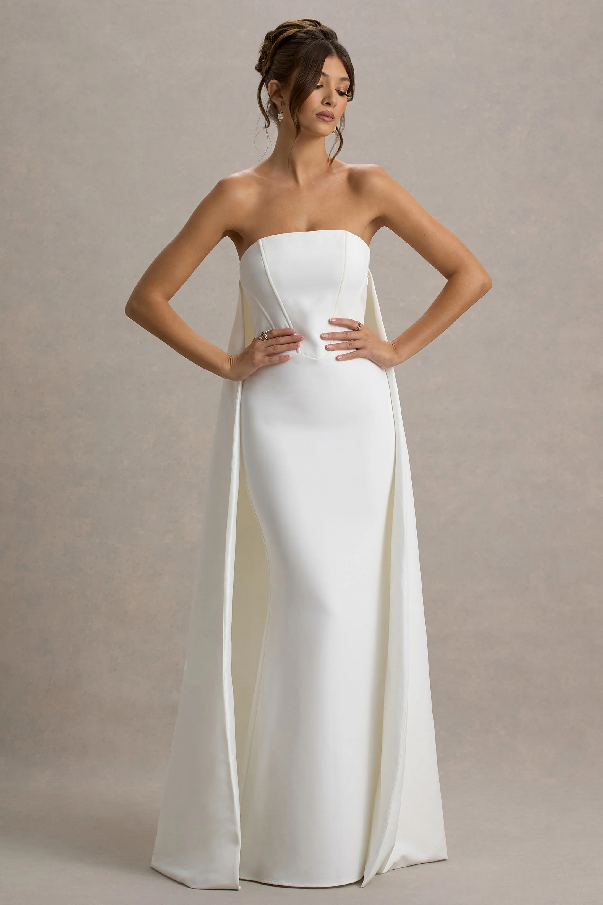 She's Trouble | White Bandeau Maxi Dress With Cape