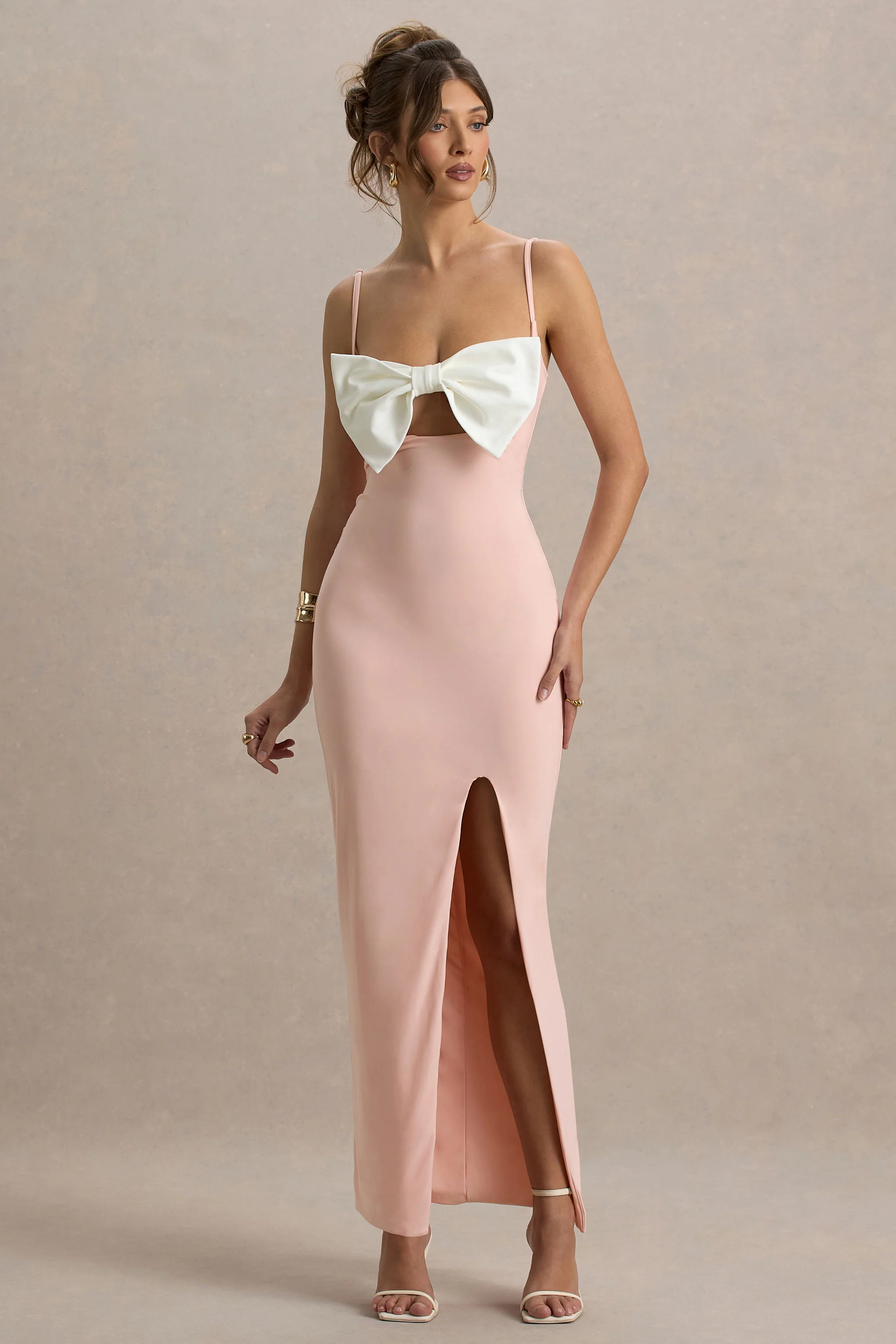 Emmalou | Pink & White Strappy Split Maxi Dress With Bow