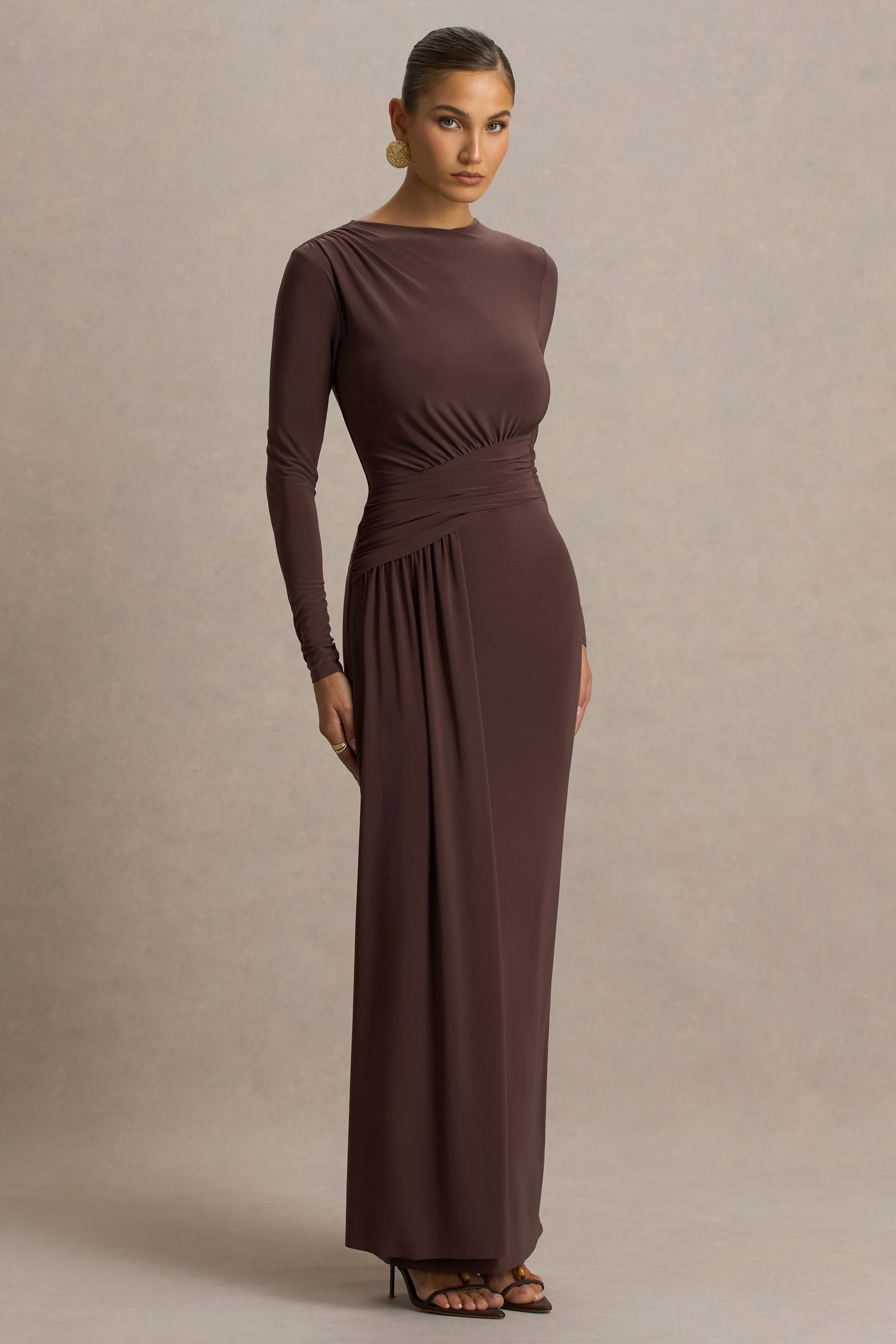 Virelle | Brown Boat-Neck Maxi Dress With Wrap Detail And Sash