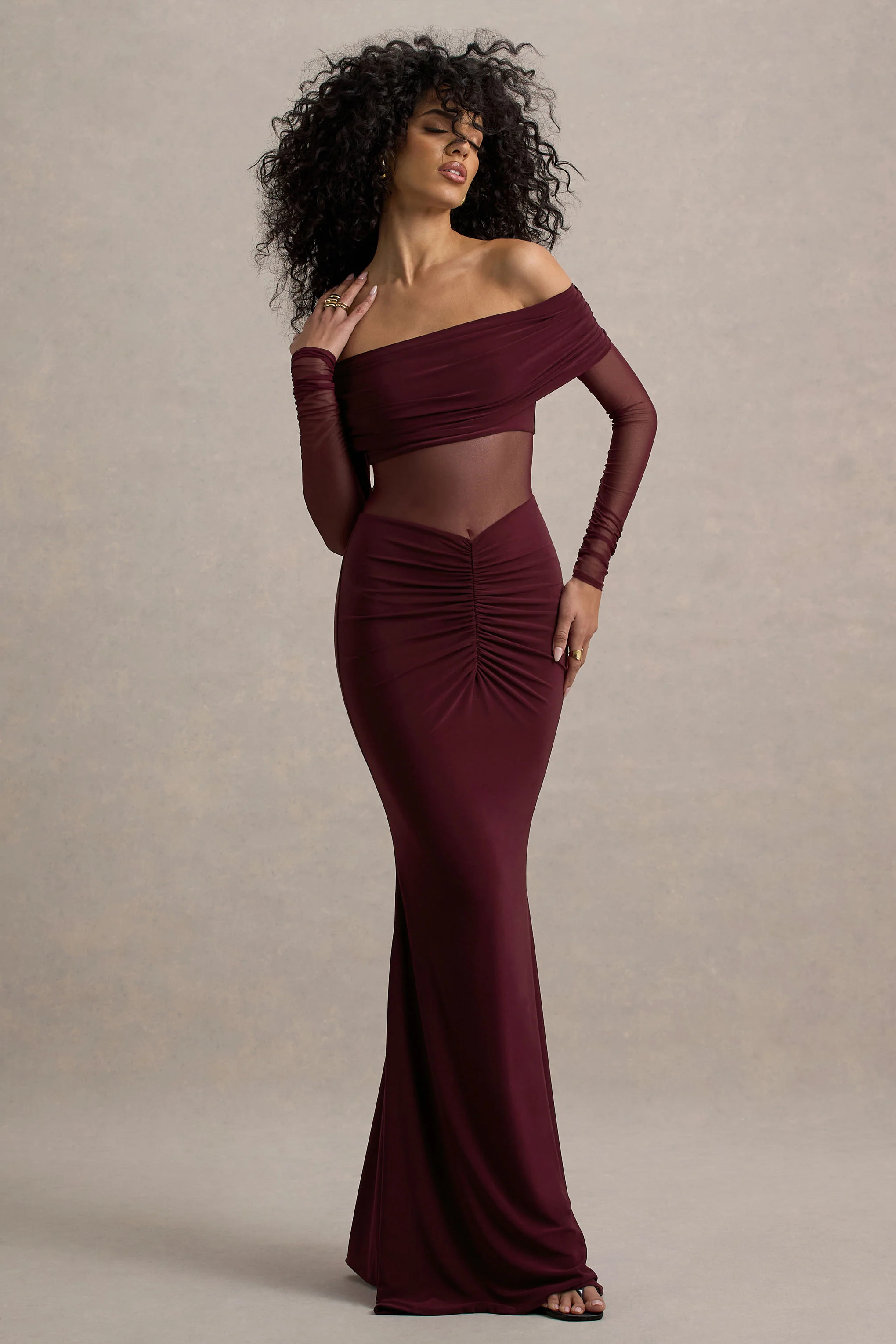Ismeralda | Burgundy Mesh Ruched Bardot Maxi Dress