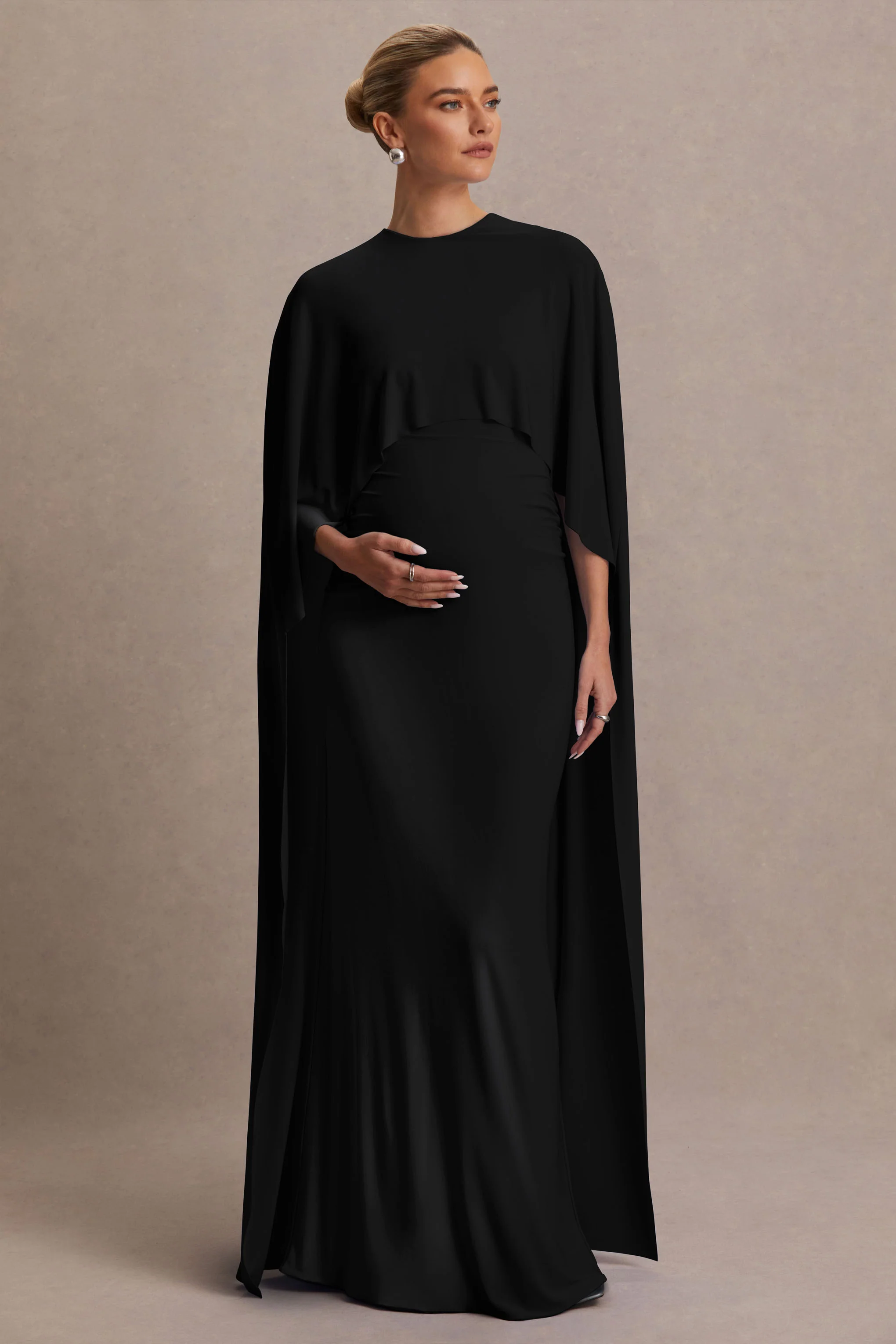 Padma | Black Draped Maternity Maxi Dress With Cape Sleeves