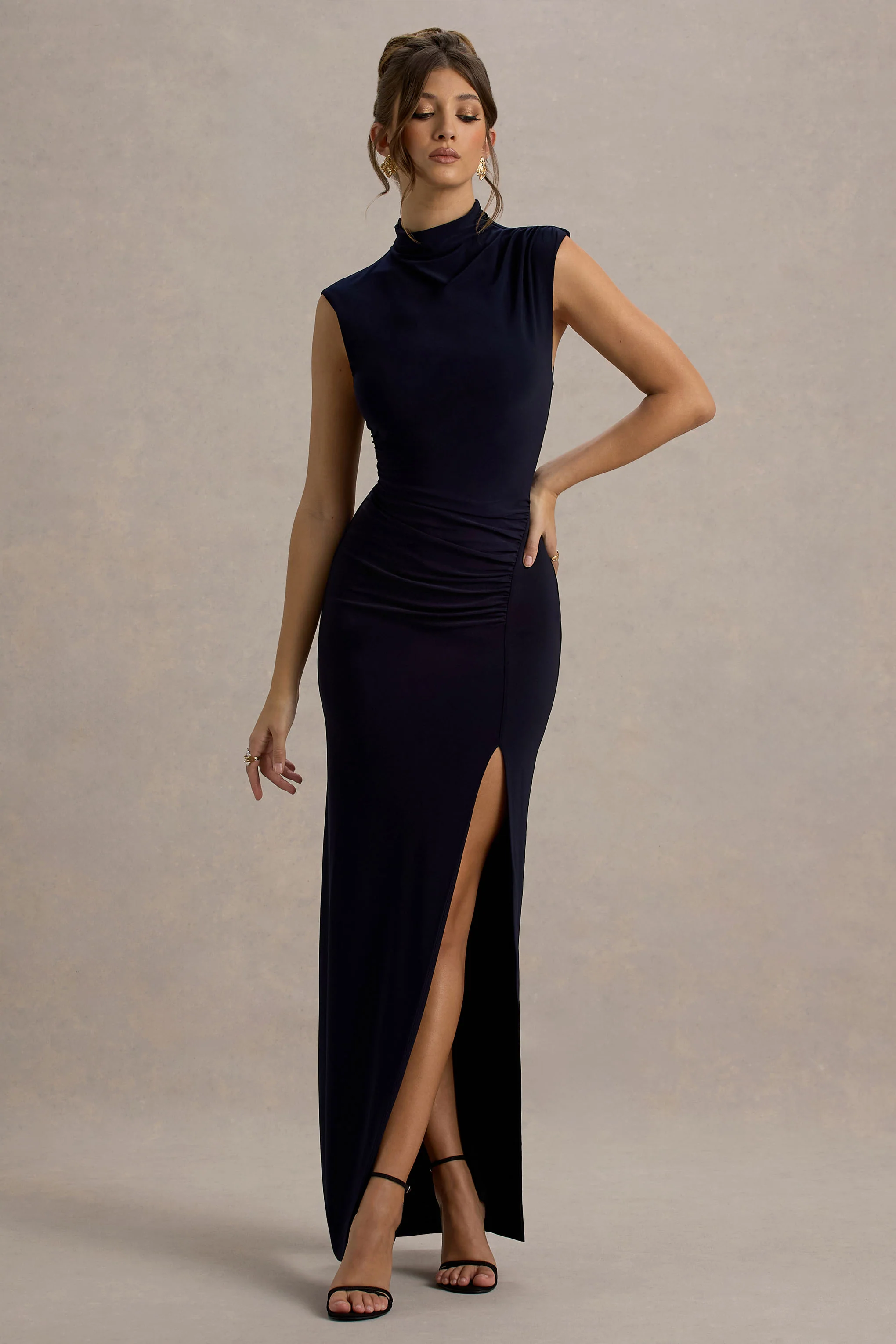 Lanetta | Navy Ruched High-Neck Maxi Dress With Split
