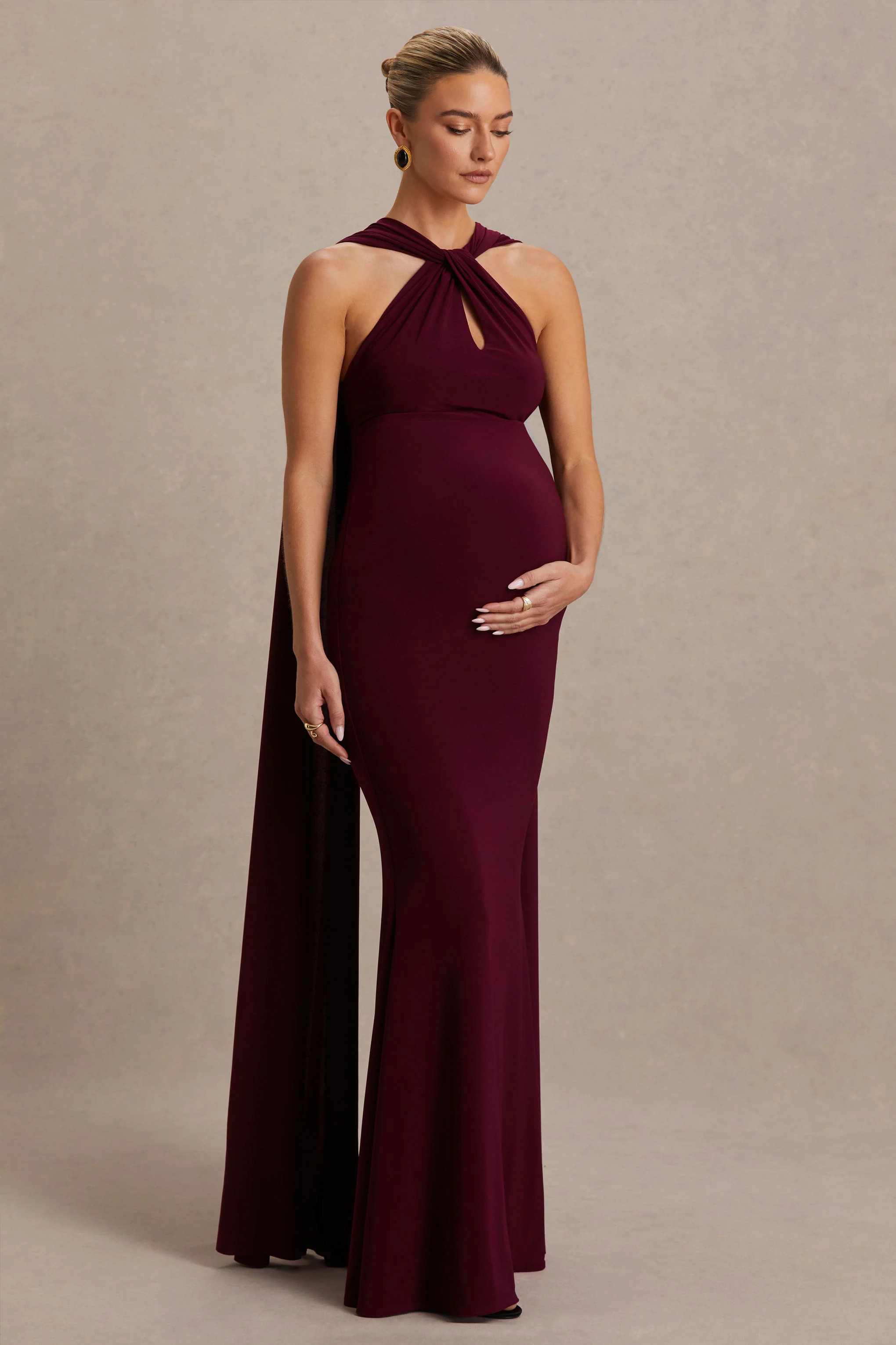 Lyra | Burgundy Cross Halter-Neck Maternity Maxi Dress With Cape