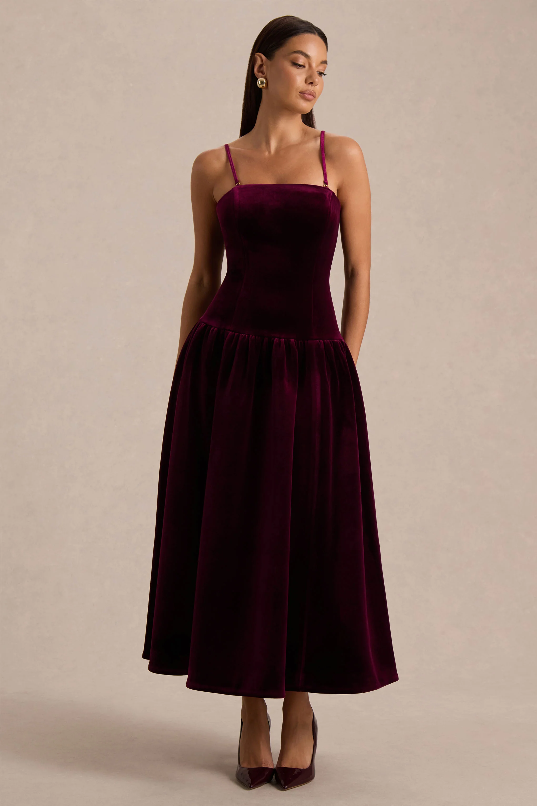 Violetta | Burgundy Velvet Bandeau Midi Dress With Drop-Waist And Gathered Skirt