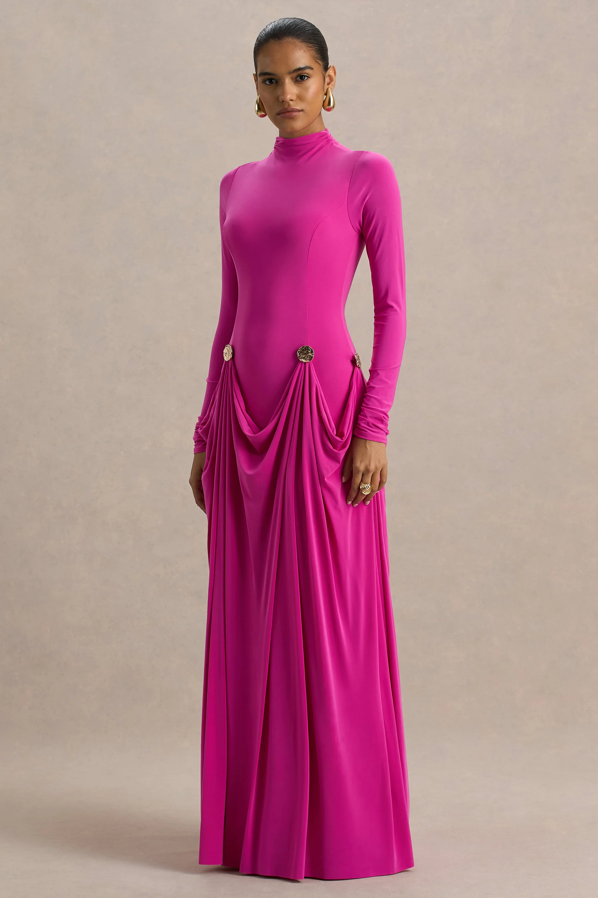 Caprice | Hot Pink High-Neck Maxi Dress With Embellished Details