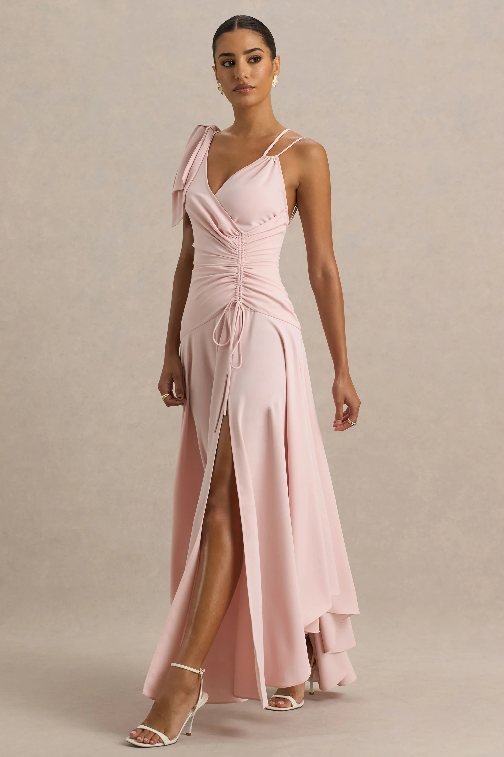 Julieta | Baby Pink Asymmetric-Neck Maxi Dress With Bow Detail And Open-Back
