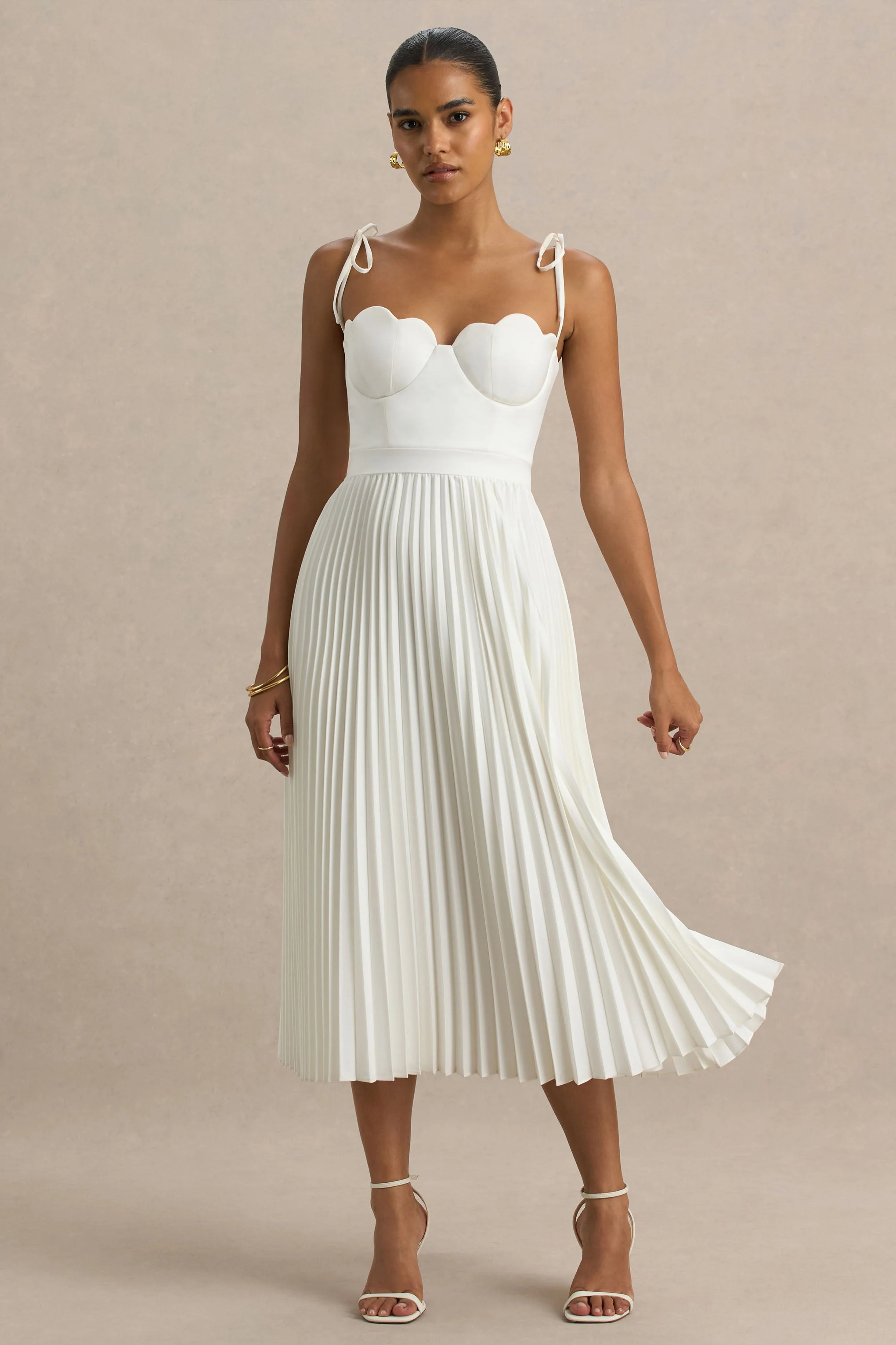 Agua | Cream Satin Sweetheart Midi Dress With Pleated Skirt