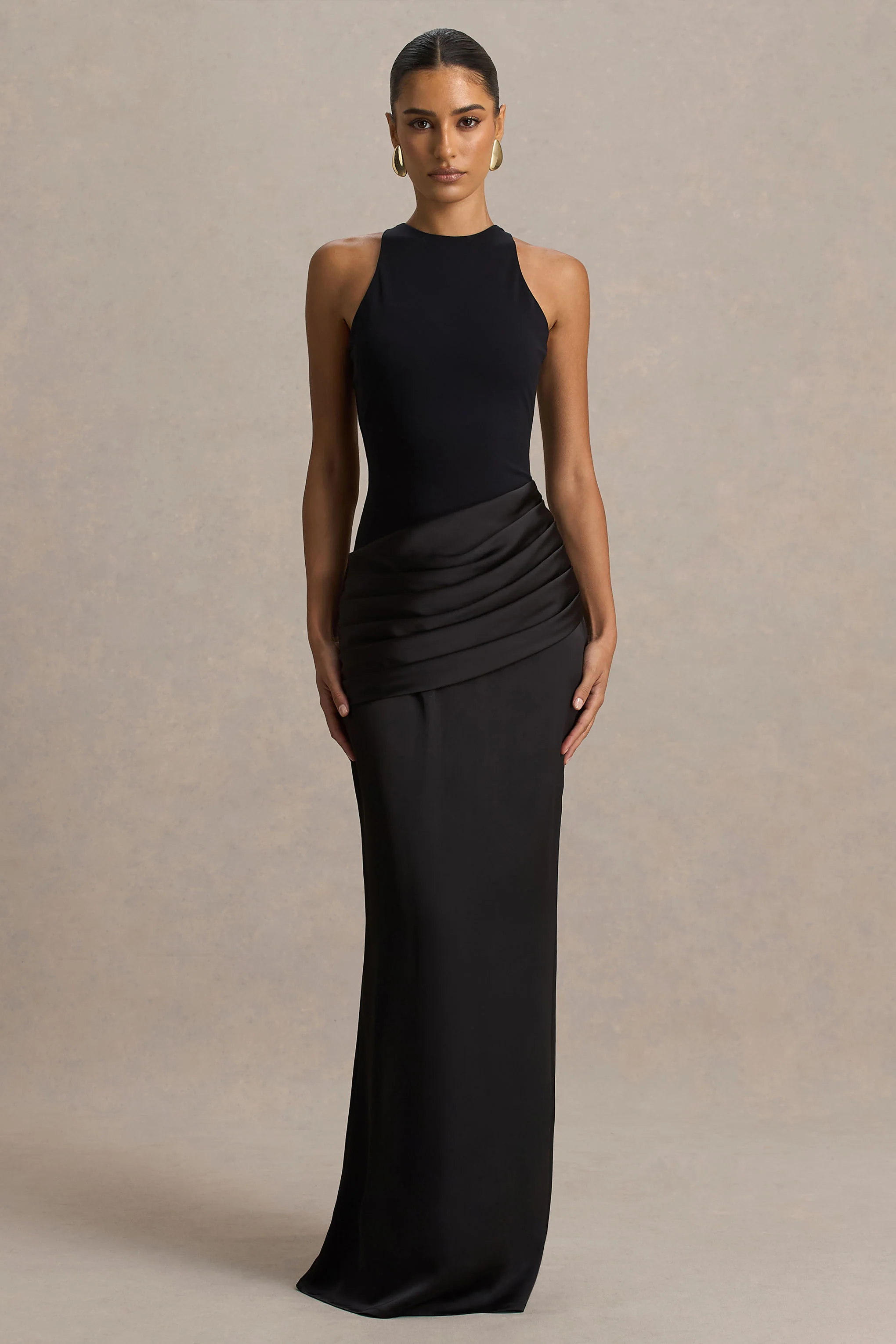 Akari | Black High-Neck Maxi Dress With Satin Skirt