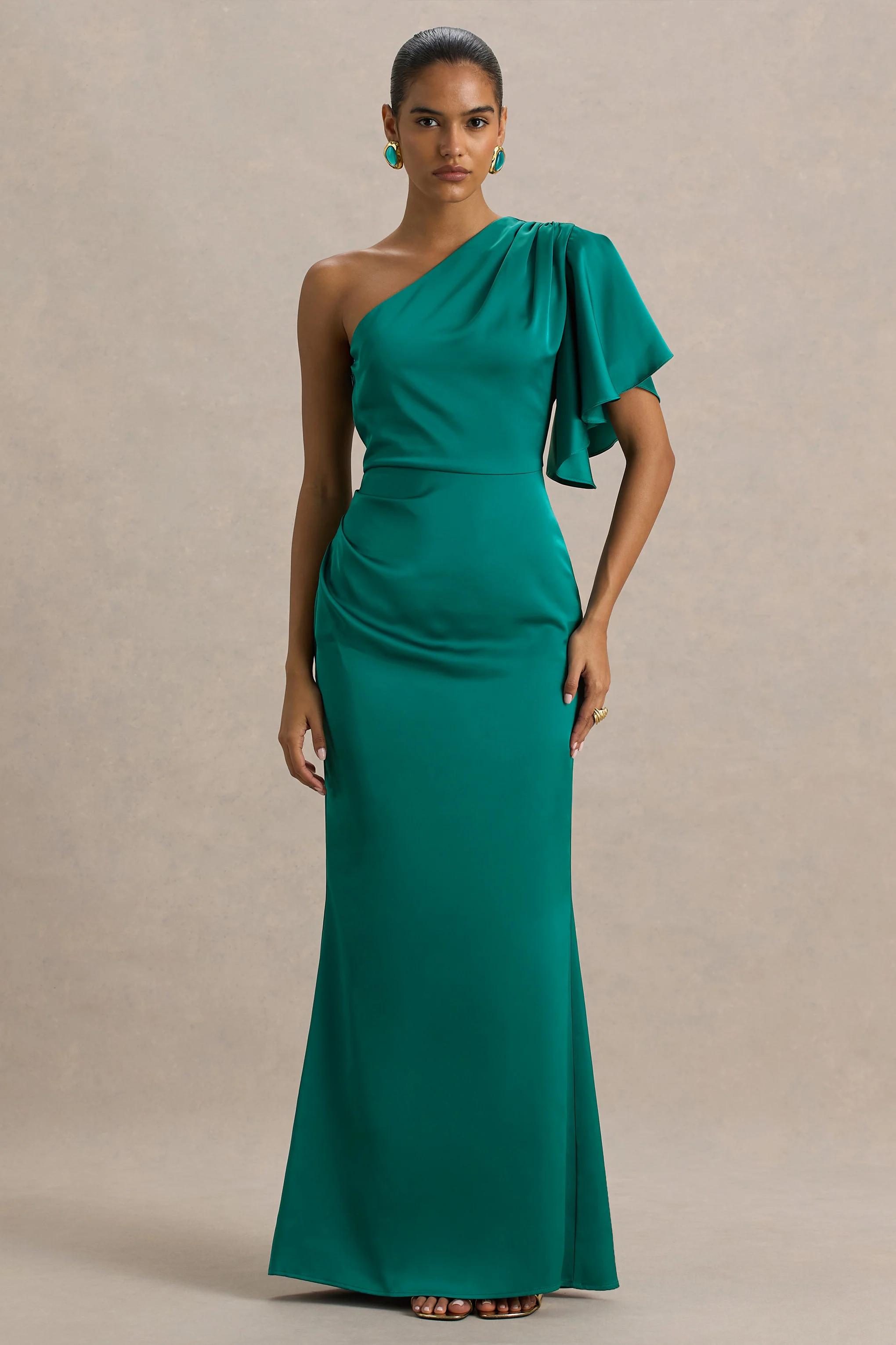 Unforgettable | Bottle Green Asymmetric-Neck Maxi Dress With Ruched Detailing