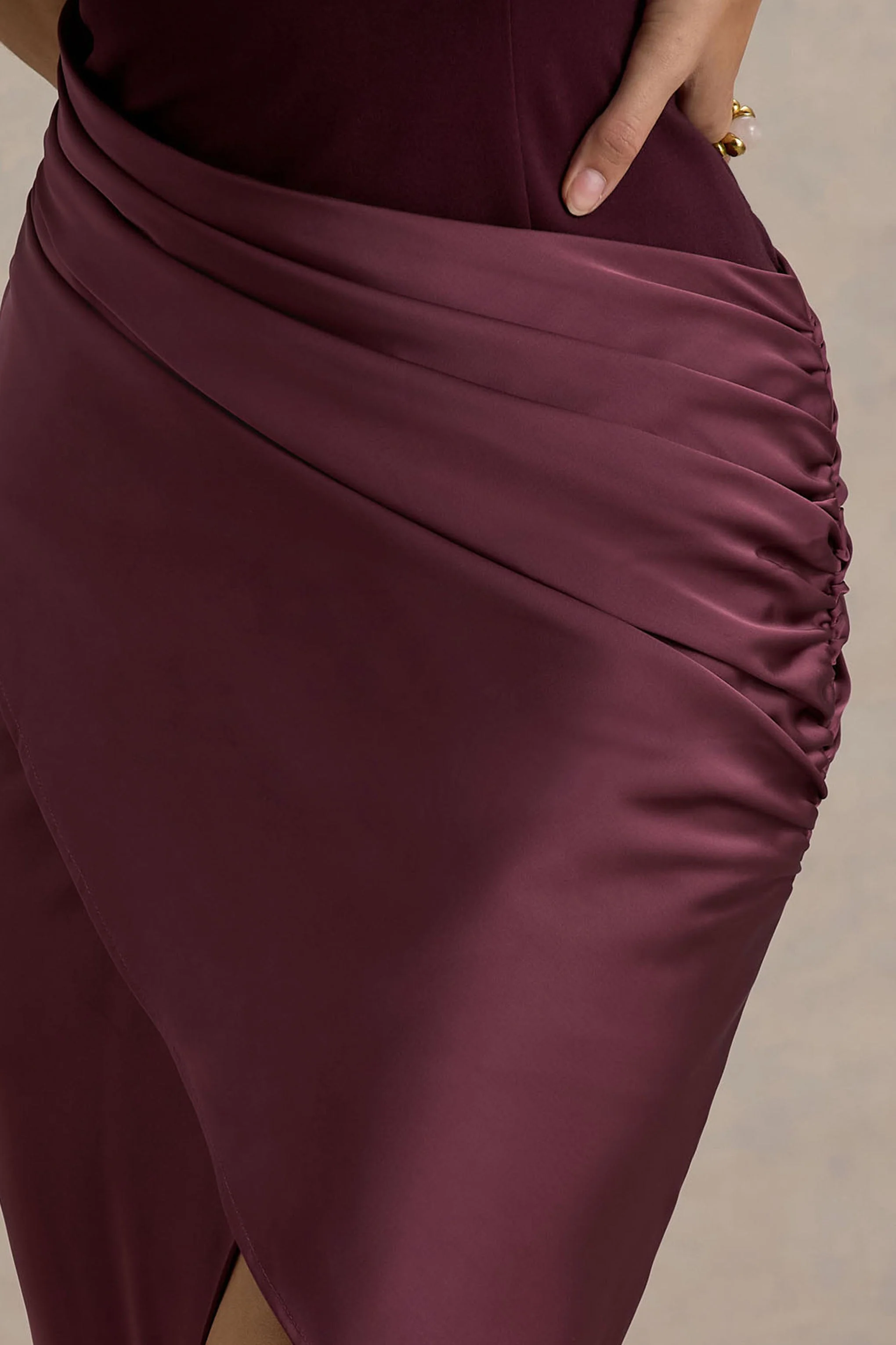 All Yours | Dark Cherry Satin High-Neck Wrap Midi Dress