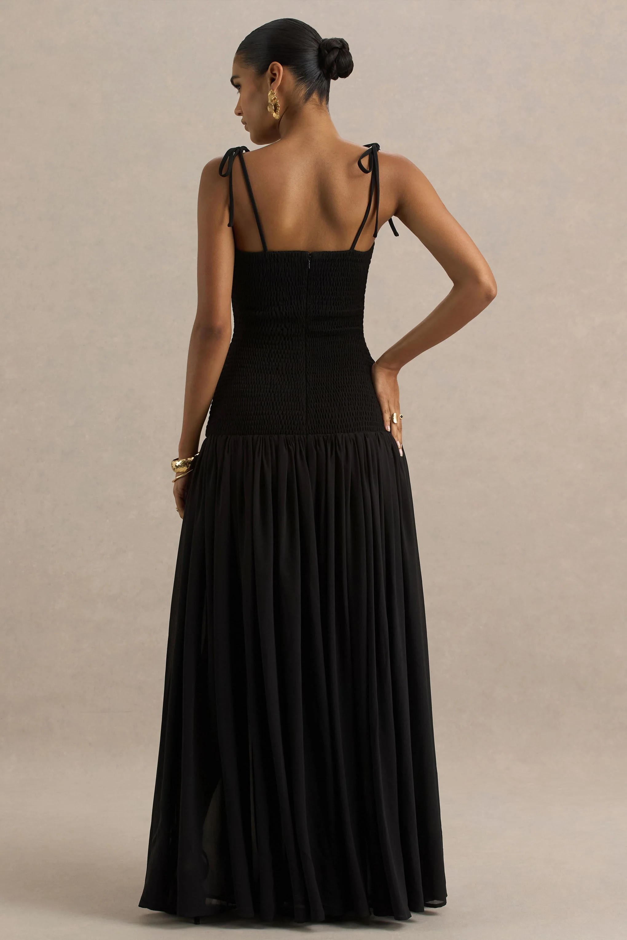 Maeva | Black Square-Neck Fishtail Maxi Dress With Ruched Detailing