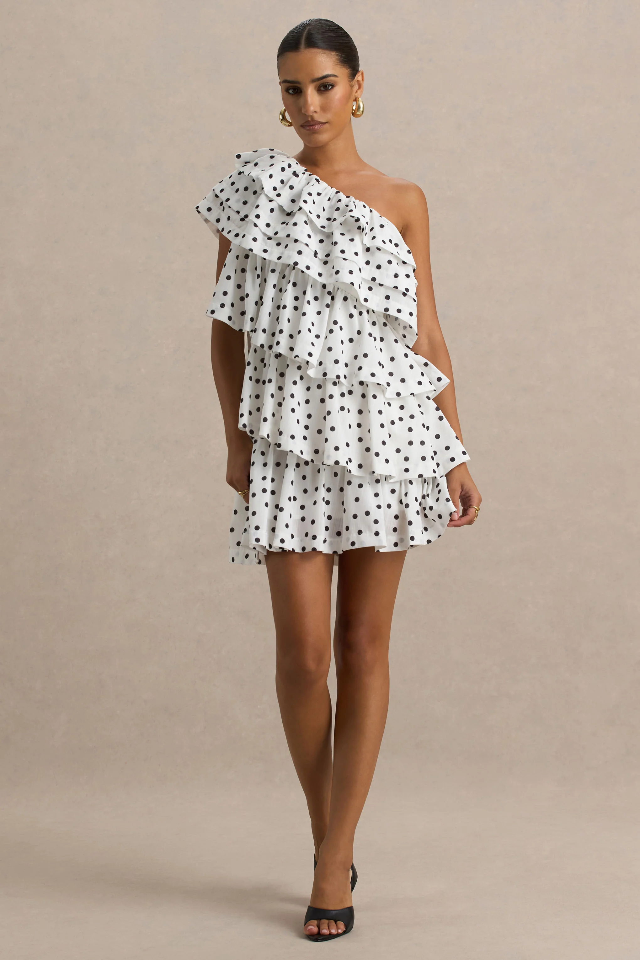 Orla | White Polka Dot Asymmetric Ruffled Mini Dress