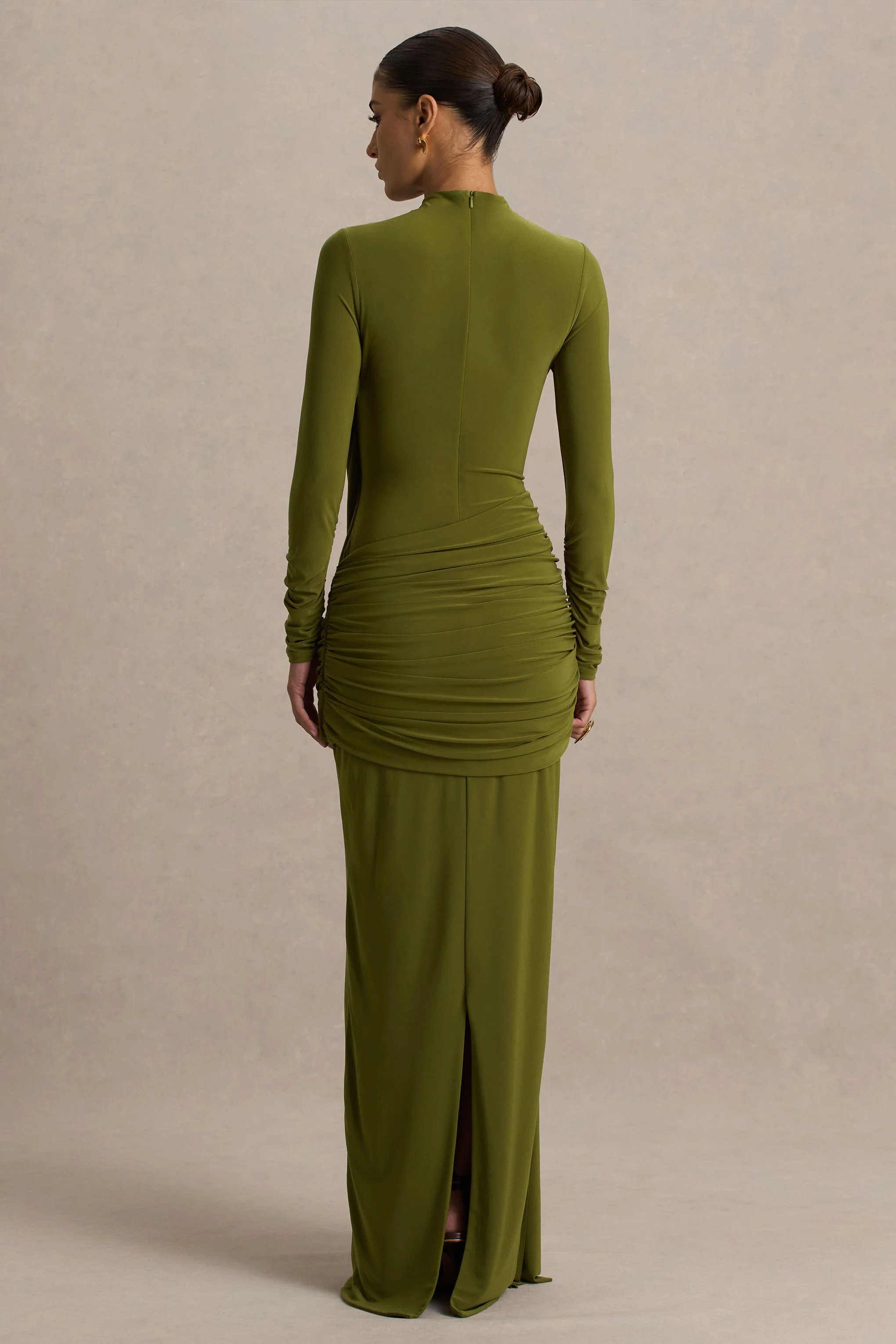 Melissa | Olive Long-Sleeve Wrap Maxi Dress With Ruched Detailing