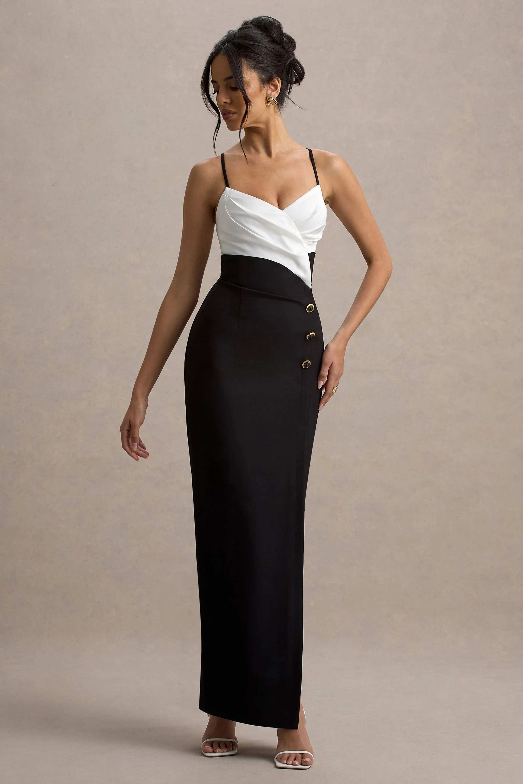 Rosalind | Black & White Strappy Tailored Maxi Dress With Split