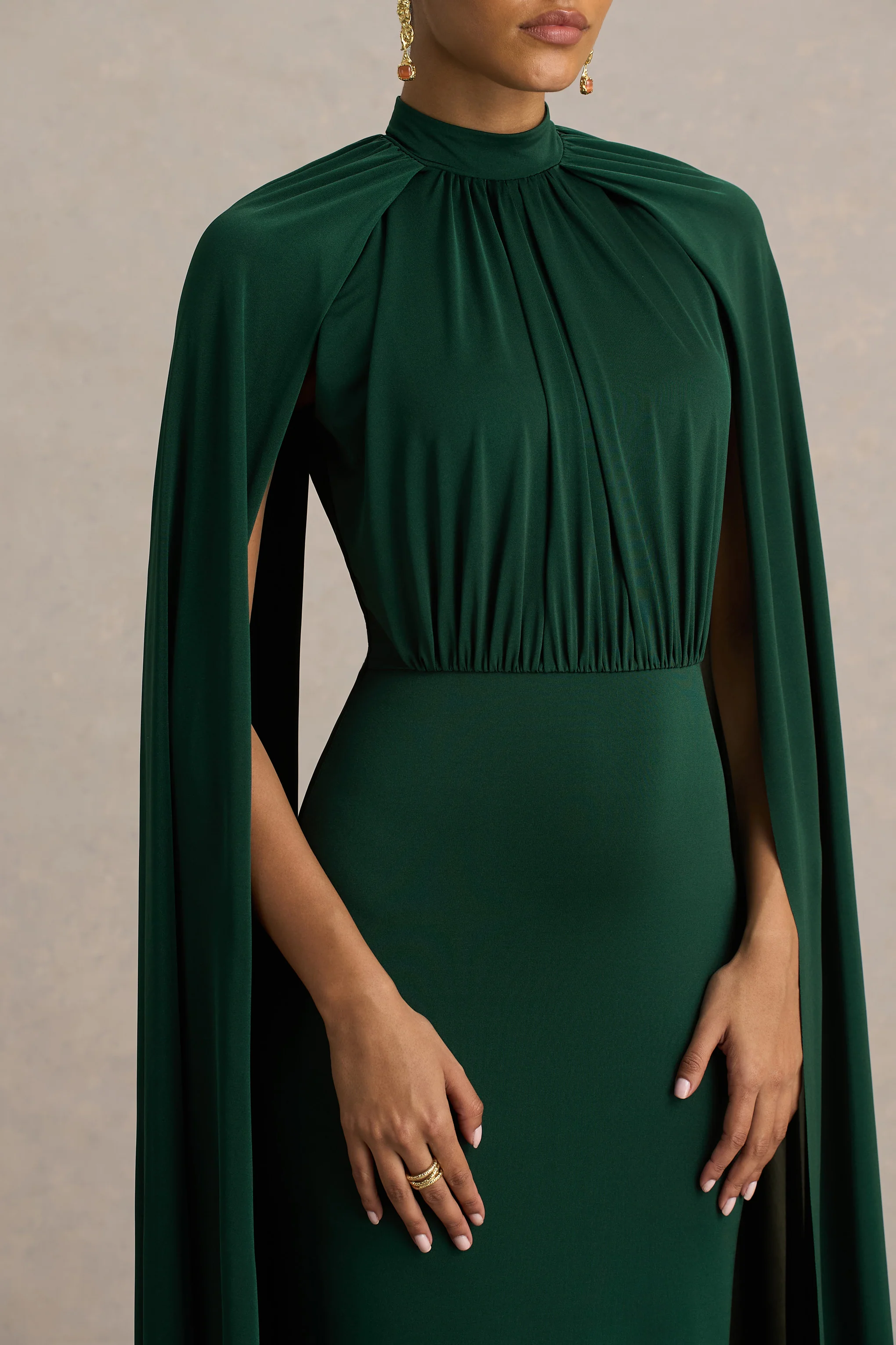 Darielle | Bottle Green High-Neck Cape-Sleeve Maxi Dress