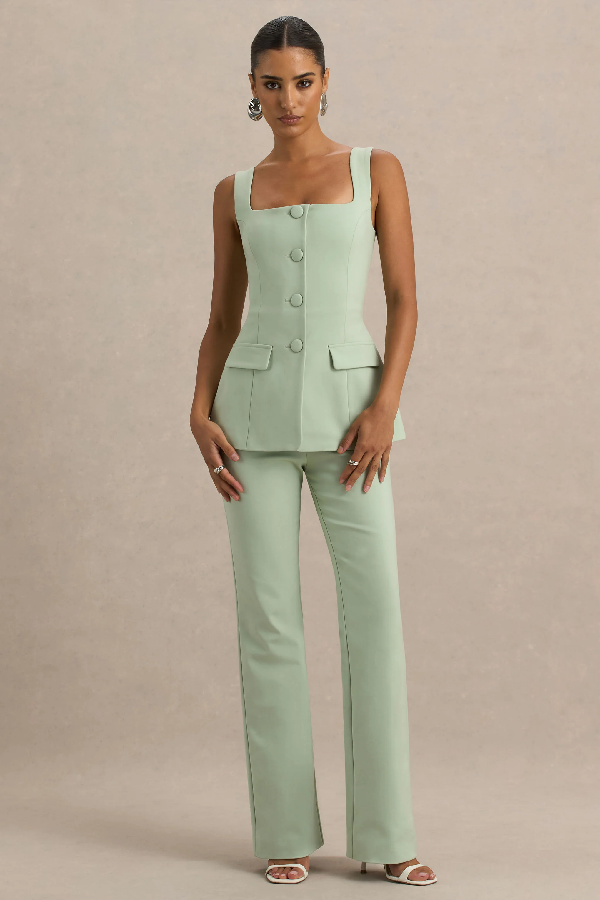 Aceline | Light Green Square-Neck Tailored Jumpsuit