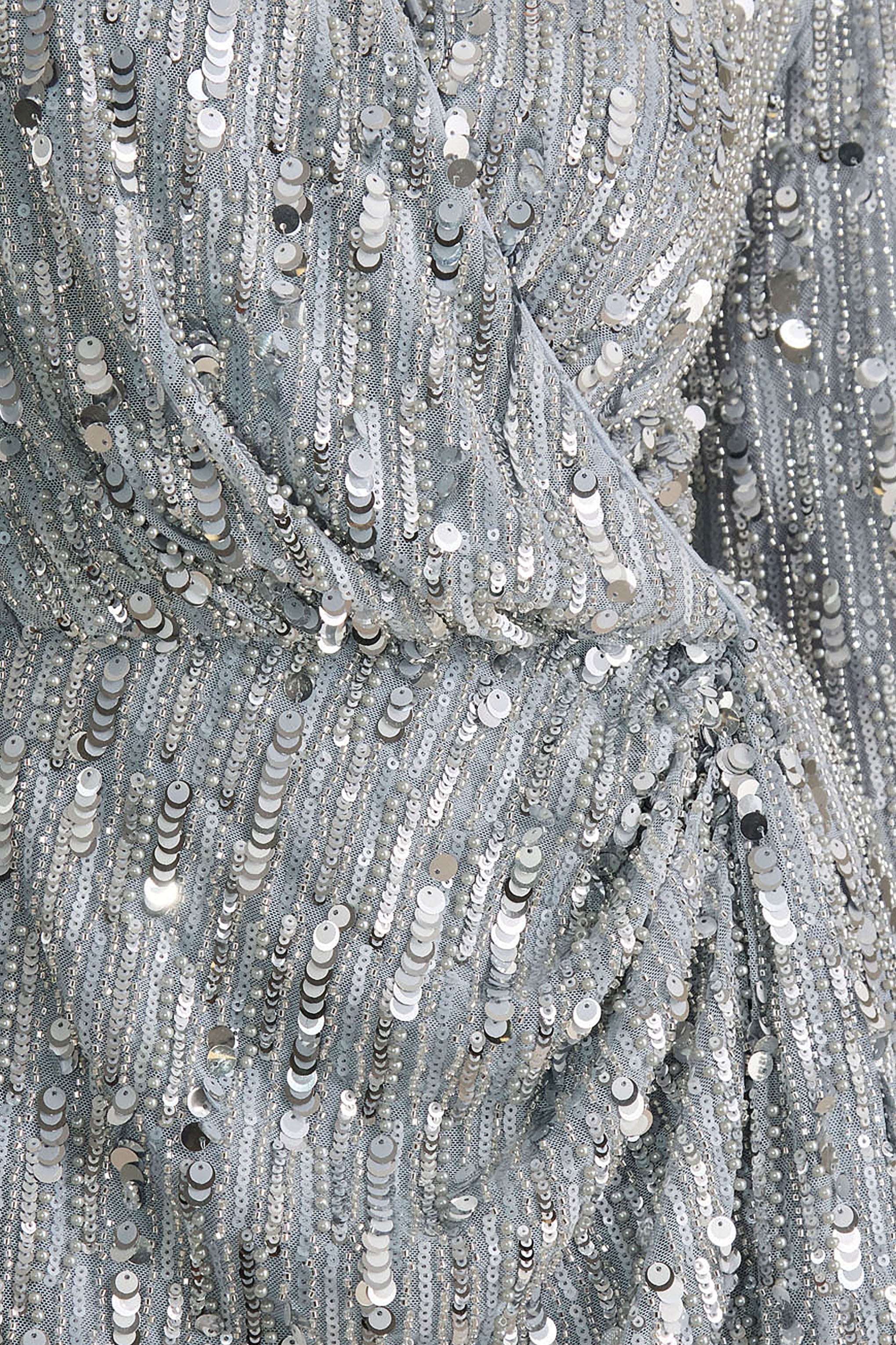 Carmina | Silver Sequin Plunge-Neck Wrap Mini Dress With Sash Detail