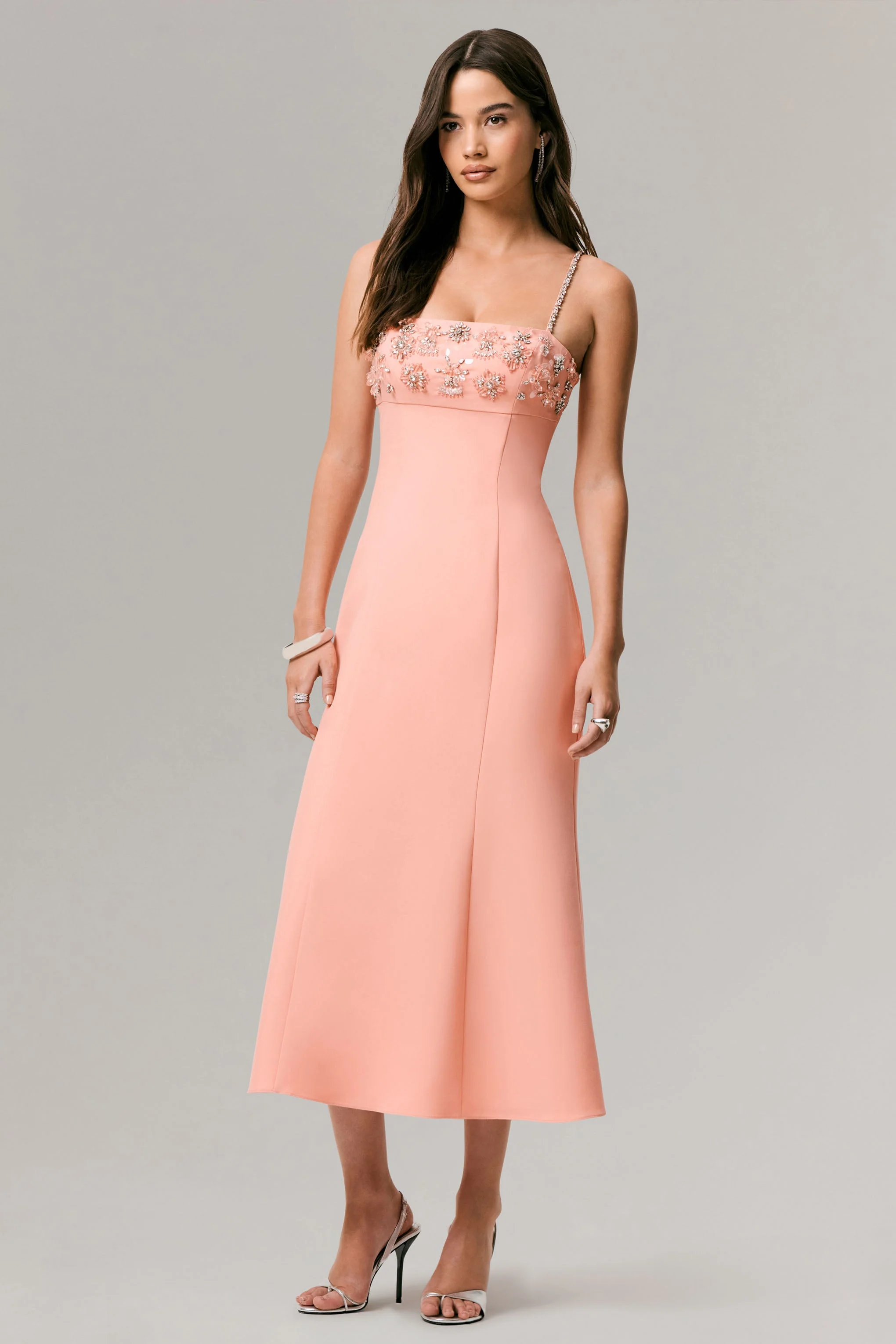 One To Remember | Coral Square-Neck Embellished Midi Dress